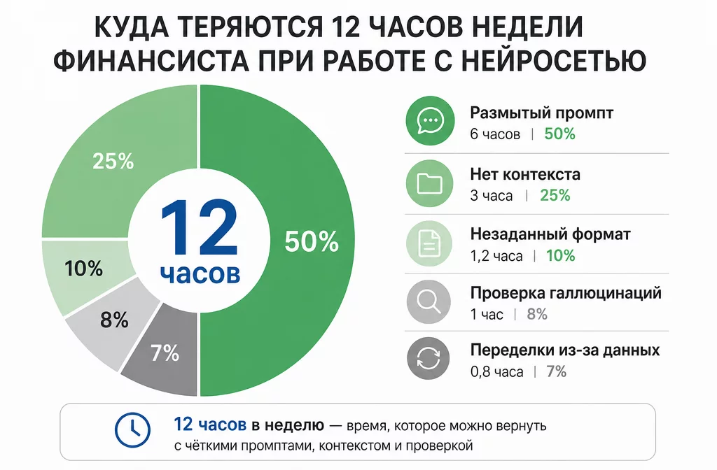 Инфографика: куда утекают 12 часов финансиста при работе с нейросетью, разбивка по пяти ошибкам