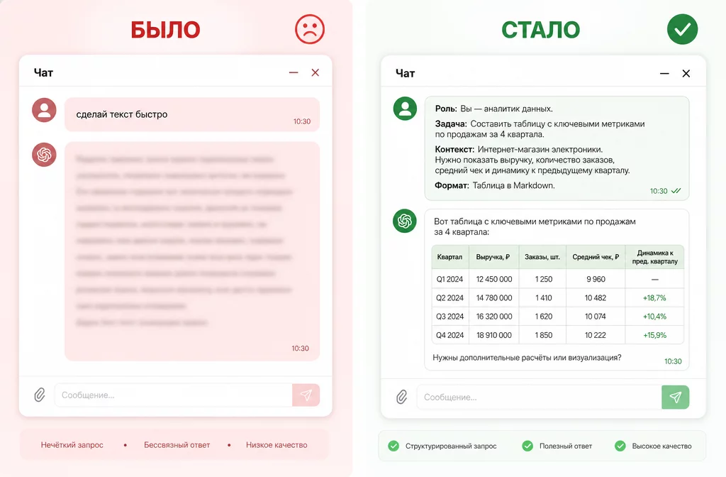 Сравнение до и после: слева размытый промпт и общий ответ, справа структурированный промпт и готовая таблица