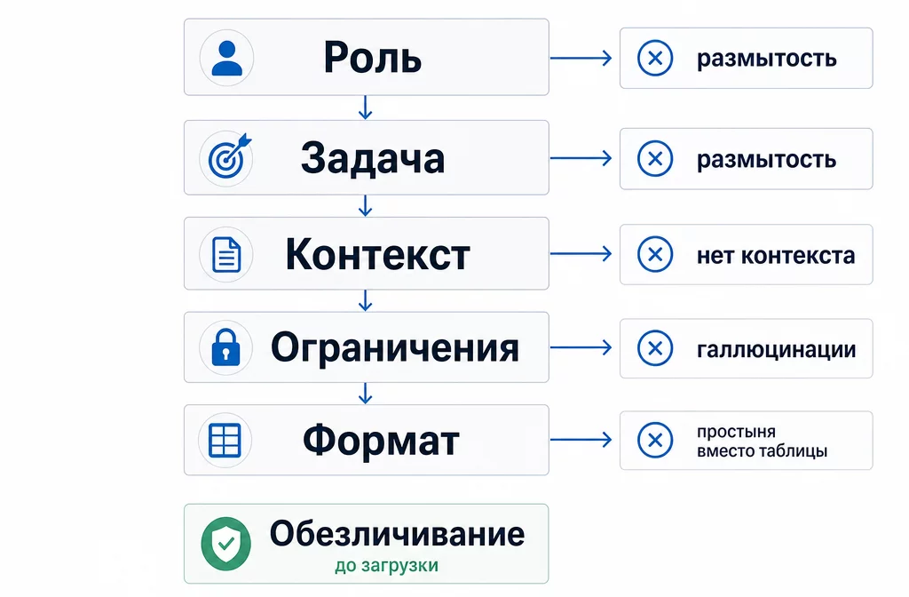Схема промпт-каркаса: роль, задача, контекст, ограничения, формат, и какую ошибку закрывает каждый блок