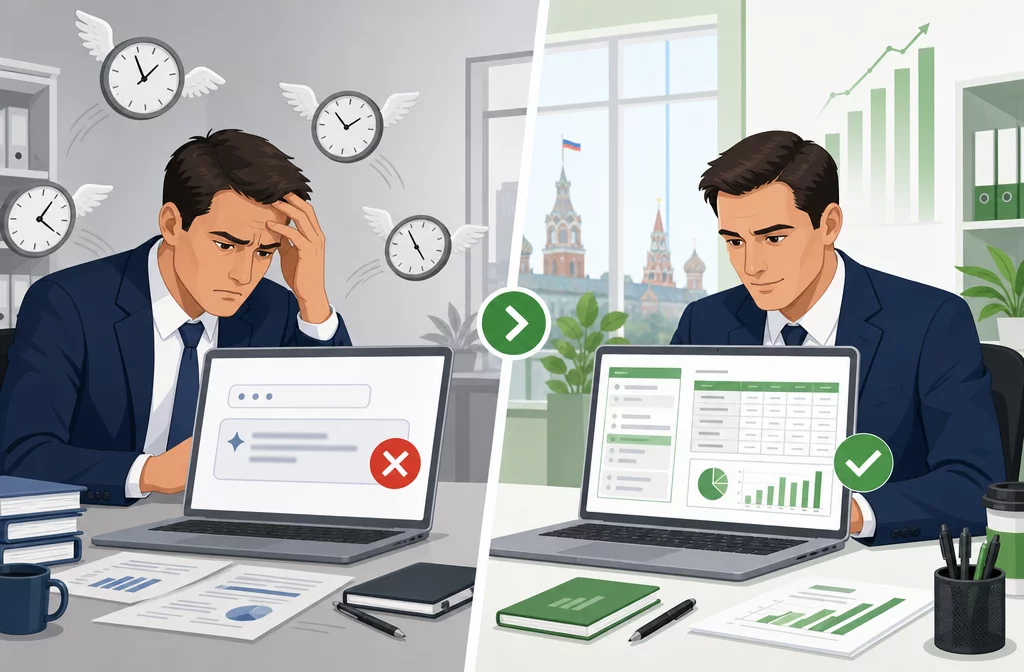Финансист исправляет ошибки в работе с нейросетью: слева размытый промпт и неверный ответ, справа чёткий промпт и готовая таблица