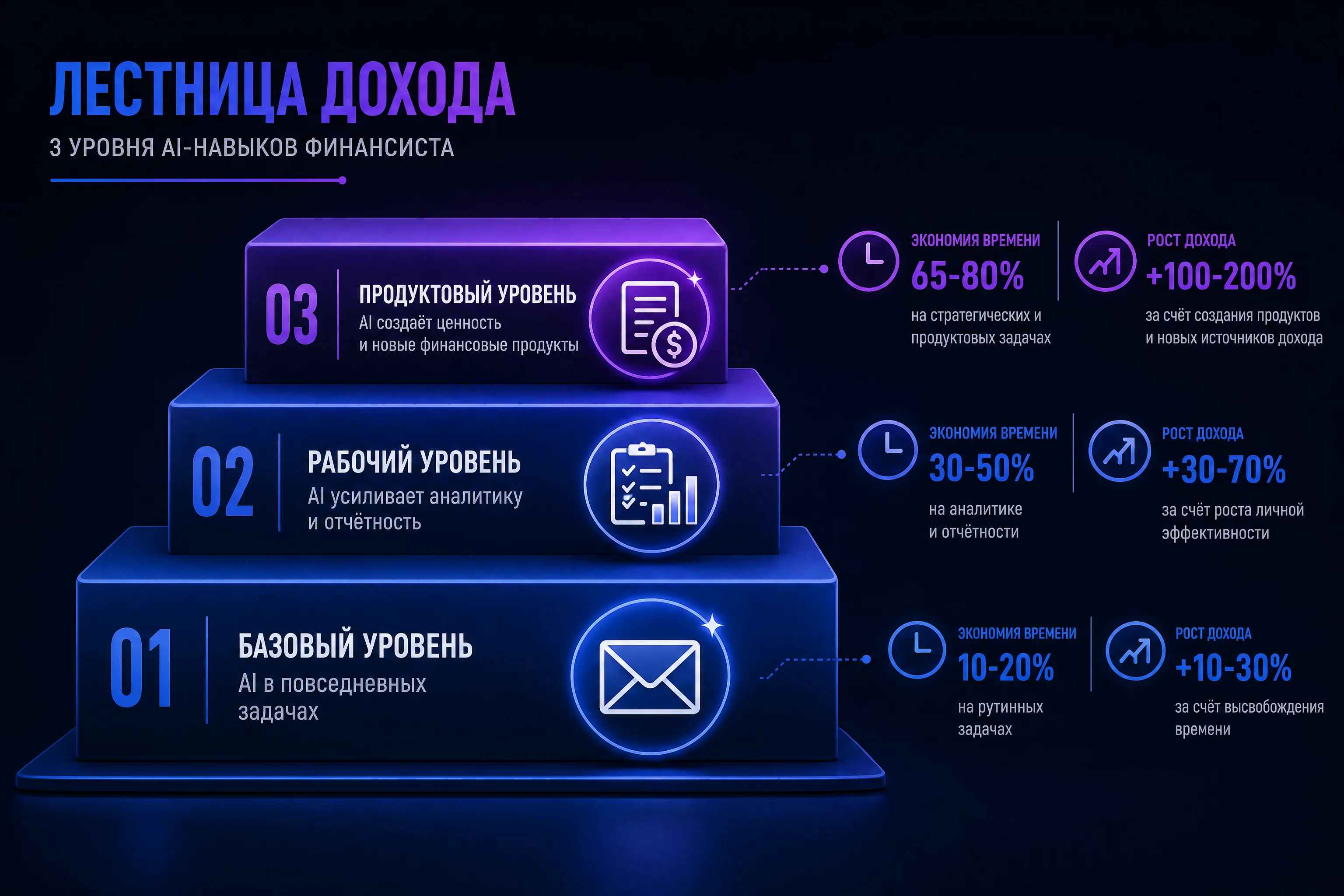Инфографика лестницы дохода: три уровня AI-навыков финансиста, базовый, рабочий и продуктовый, каждый со своей вилкой экономии времени и роста дохода