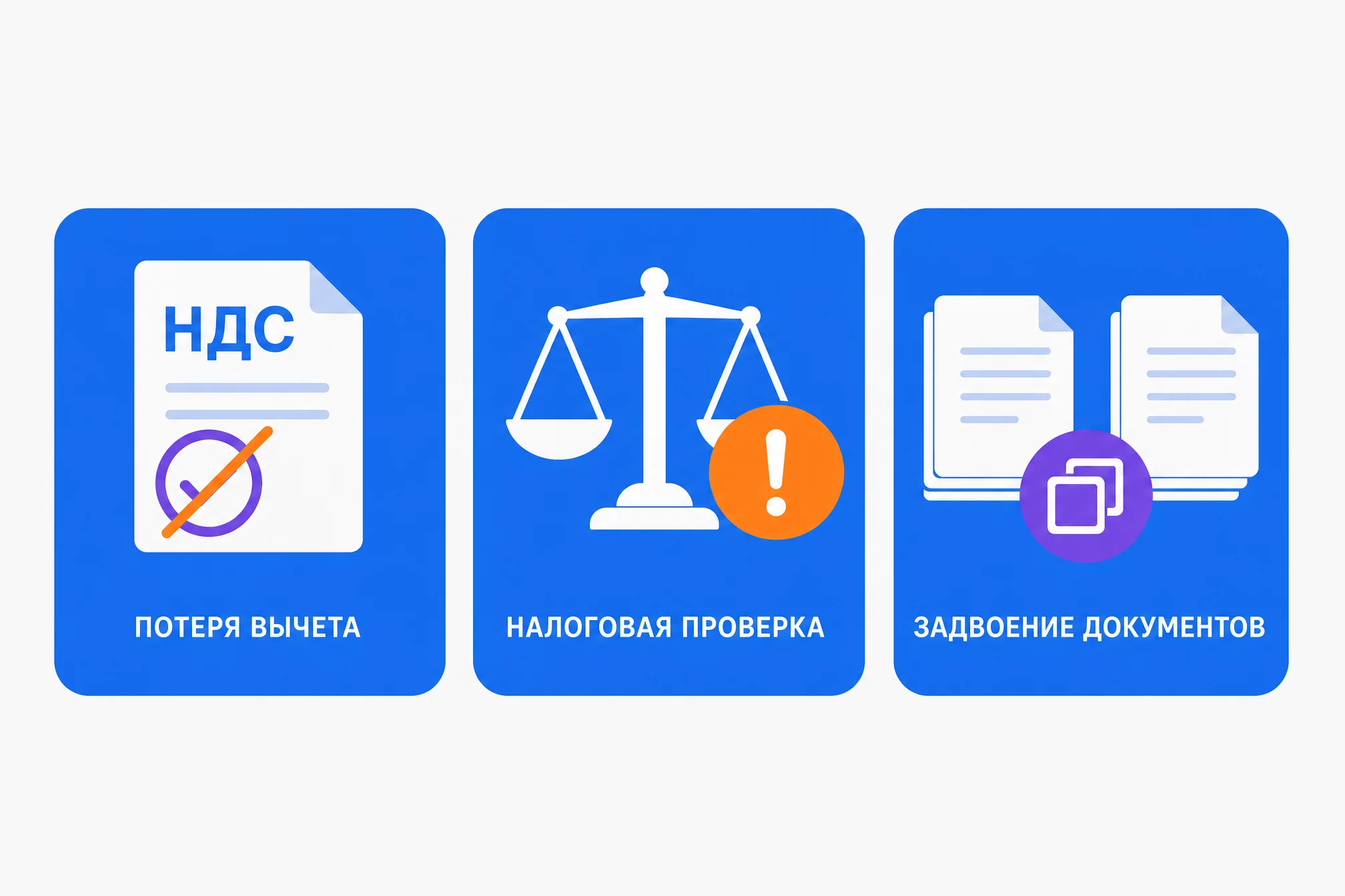 Инфографика: три риска отсутствия регулярной сверки закрывающих документов — потеря вычета НДС, снятие расхода при проверке, задвоенные документы в учёте