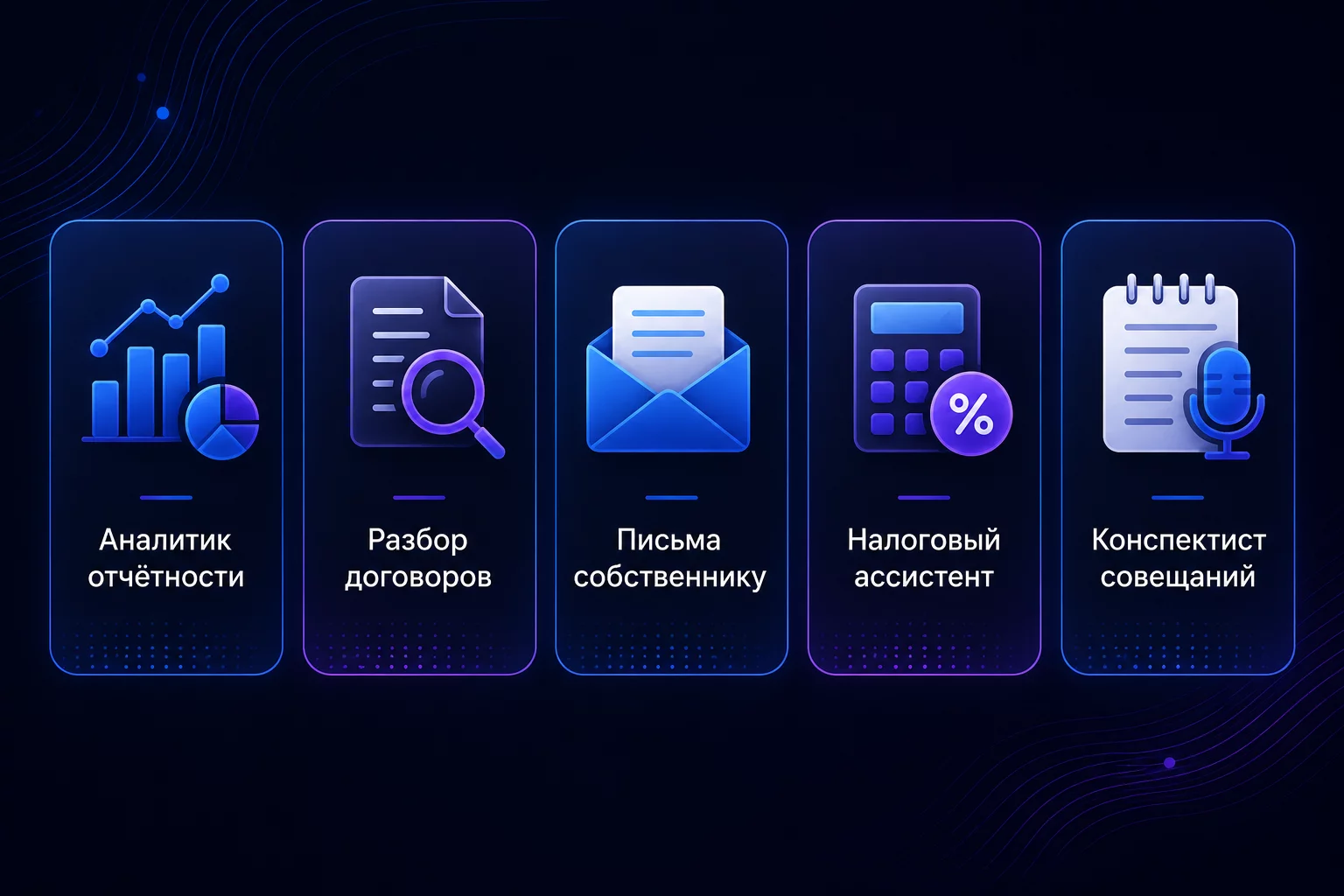 Пять базовых AI-агентов финдиректора: аналитик отчётности, разбор договоров, письма собственнику, налоговый ассистент, конспектист совещаний