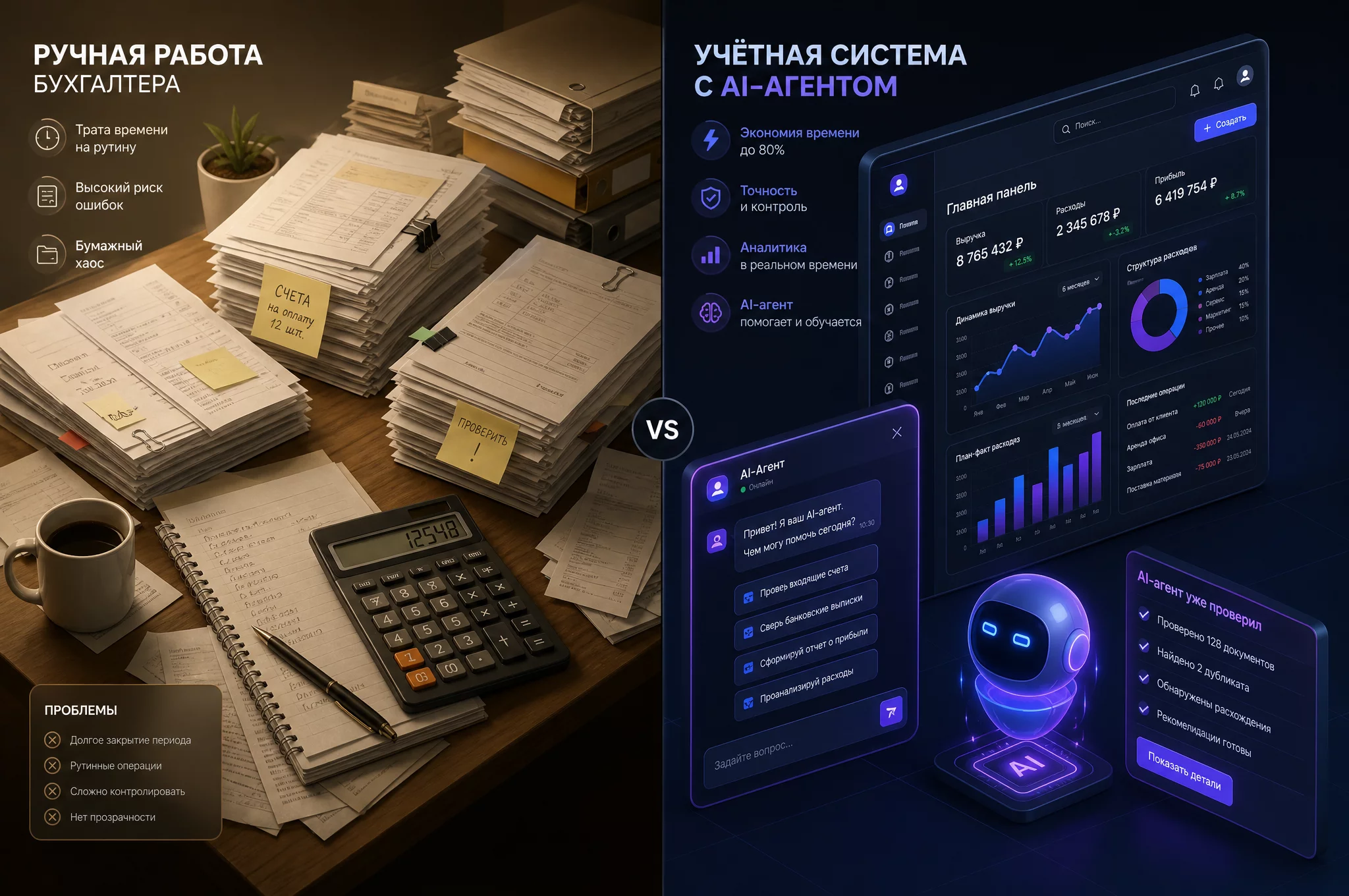 Инфографика split-screen: слева ручная категоризация бумажных документов и калькулятор, справа тёмный UI учётной системы с AI-агентом и финансовыми графиками, без людей