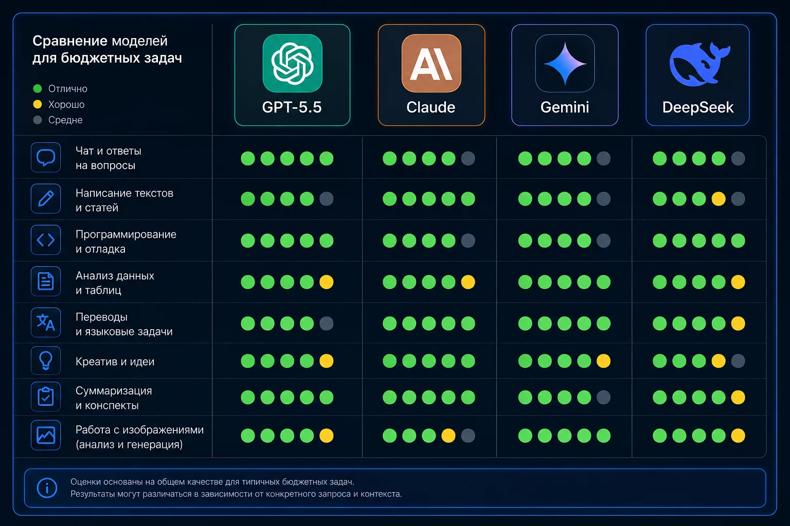 Сравнительная таблица GPT-5.5, Claude Sonnet 4.6, Gemini 2.5 и DeepSeek V3.2 для задач бюджетирования CFO в 2026 году