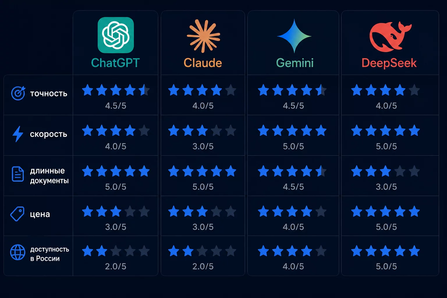Инфографика сравнения AI-инструментов для первичных документов: ChatGPT, Claude, Gemini, DeepSeek
