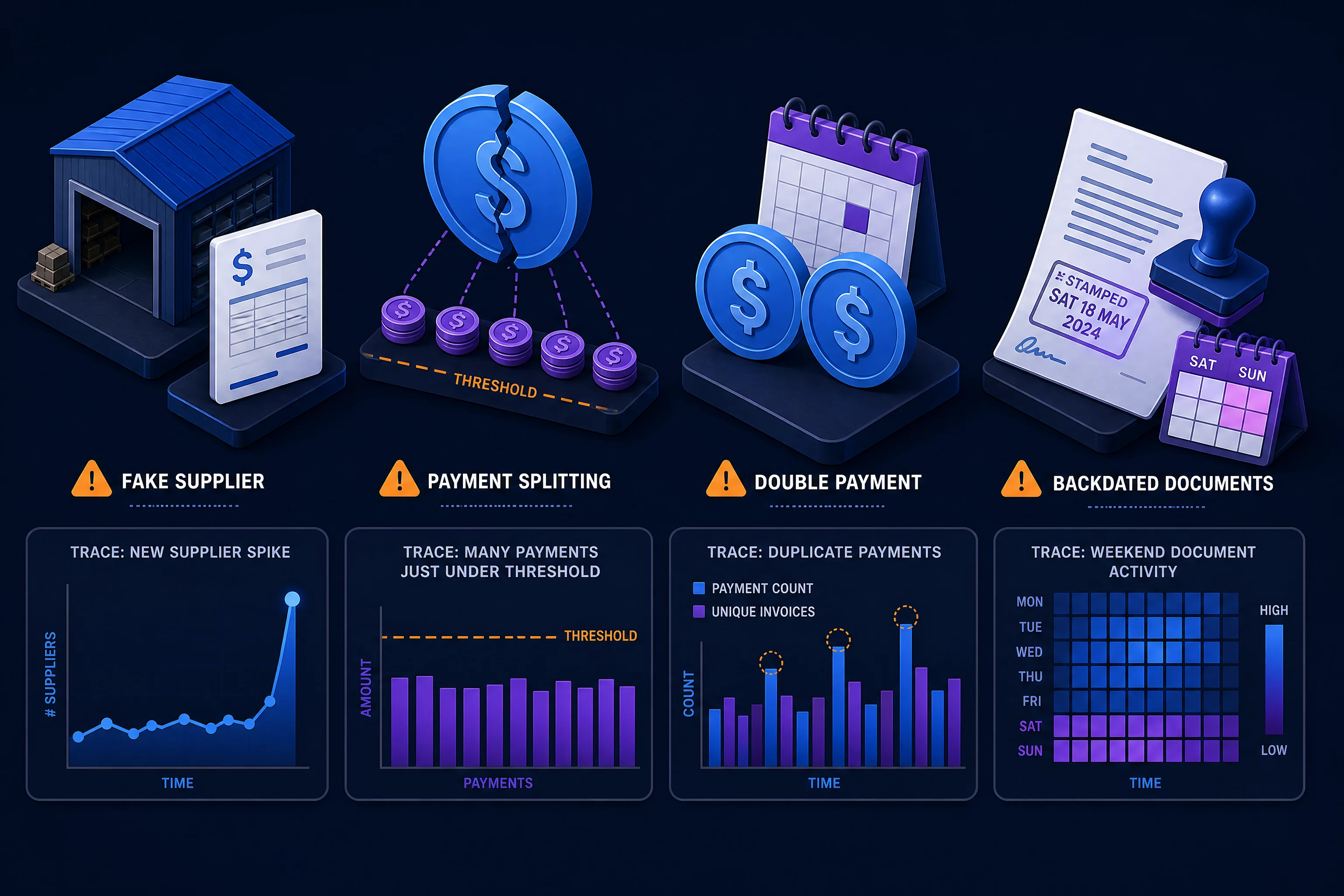 Инфографика типовых схем мошенничества: фиктивный поставщик, разбиение платежей, двойная оплата с их статистическими следами