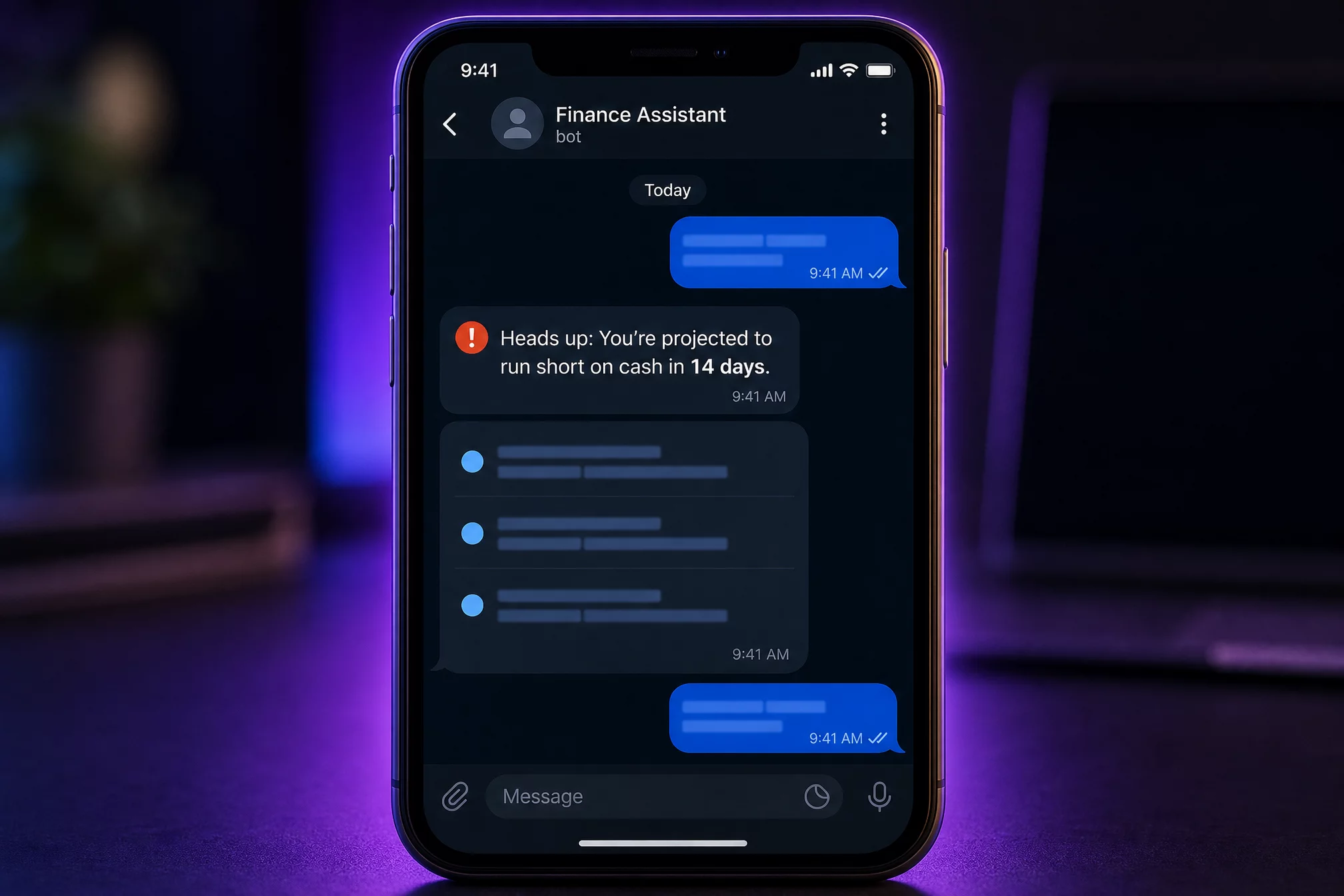 Скриншот-имитация сообщения в Telegram с предупреждением о кассовом разрыве и тремя вариантами решения