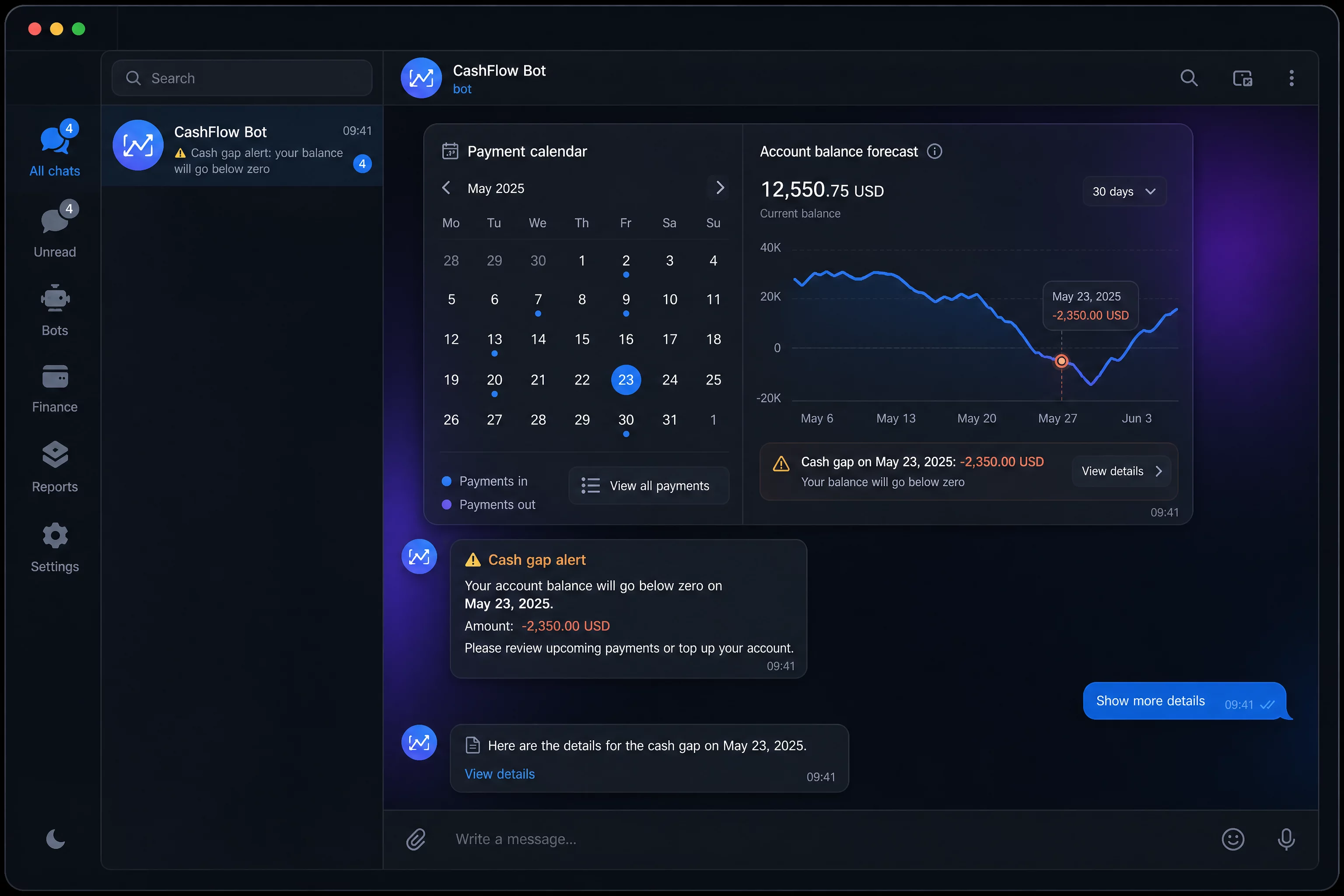 UI-mockup тёмного экрана Telegram-бота с платёжным календарём и предупреждением о кассовом разрыве, бренд-синий #2563EB и фиолетовый #7C3AED, без людей