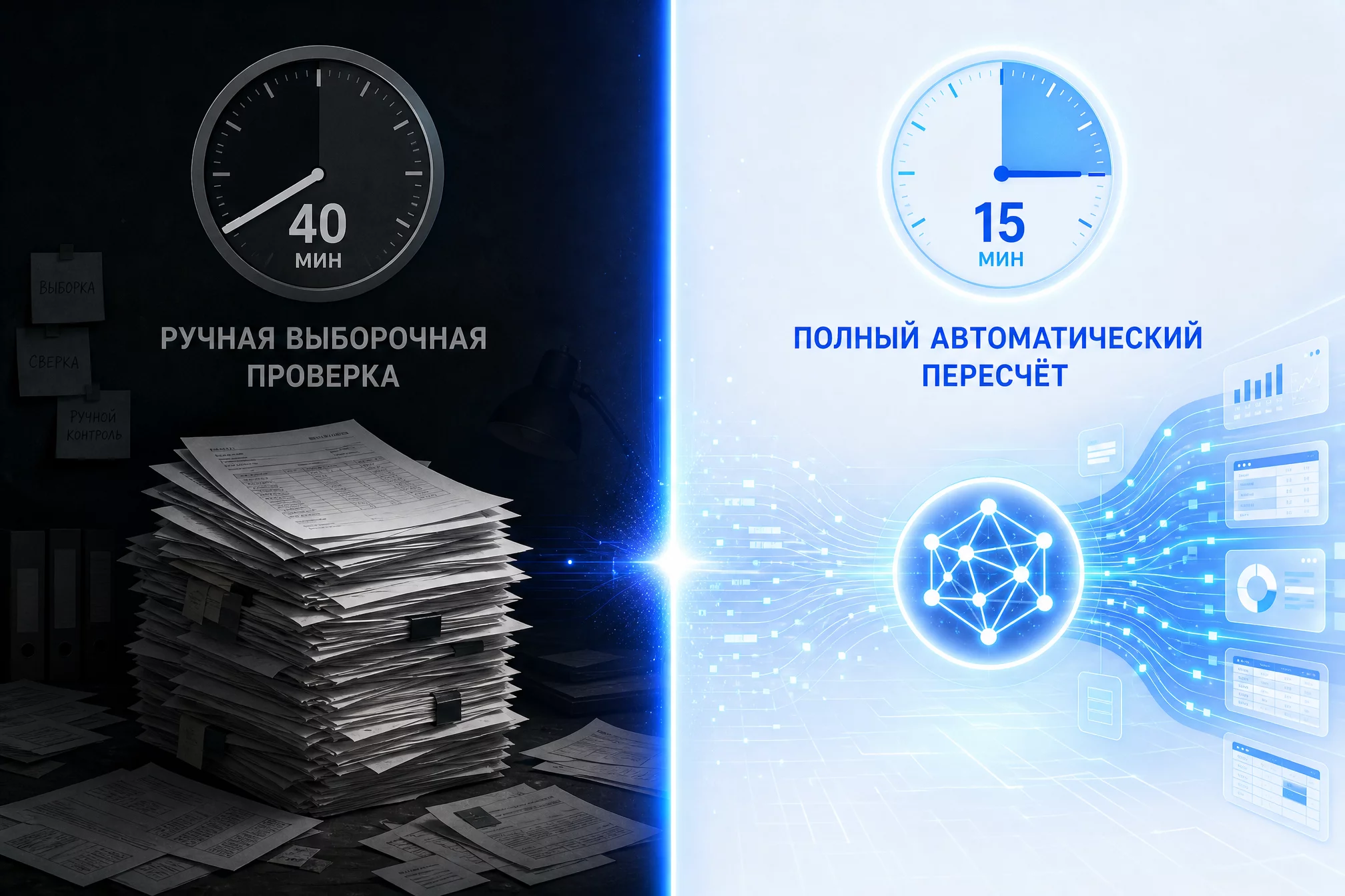 Сравнение до и после внедрения AI-проверки расчёта премий: время ручной выборочной проверки против времени полного независимого пересчёта через Claude
