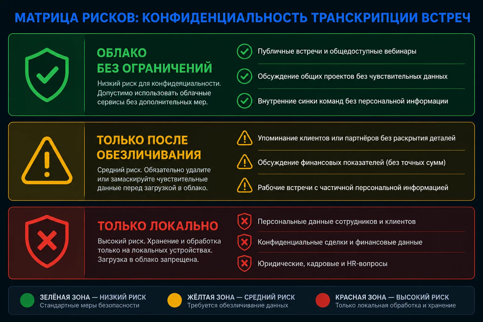 Матрица конфиденциальности для транскрибации: зелёная зона (методология, планы), жёлтая (обезличенные данные), красная (NDA, персональные данные)