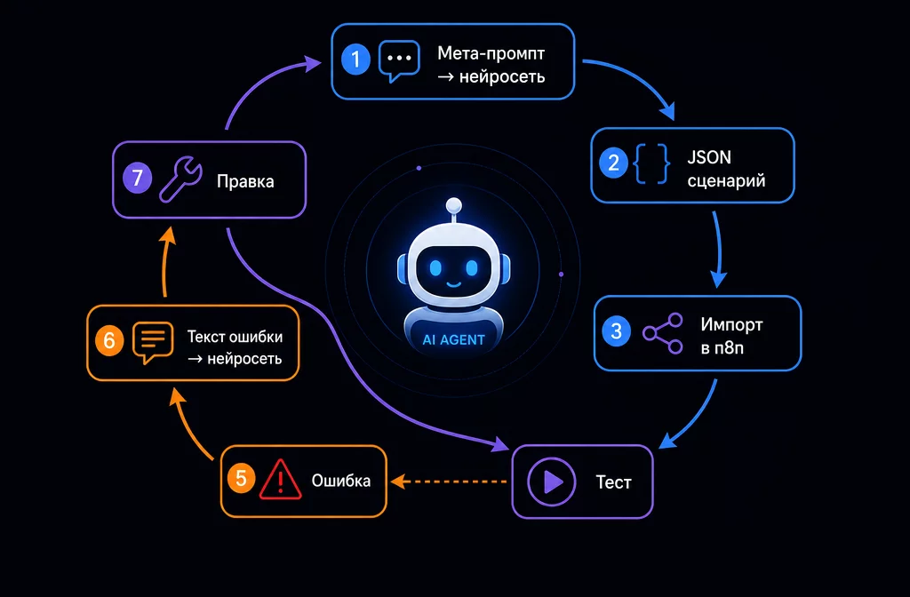 Цикл сборки мультиагентного сценария n8n: мета-промпт генерирует JSON, импорт в n8n, тест, ошибка, отправка ошибки в нейросеть, правка, повторный тест