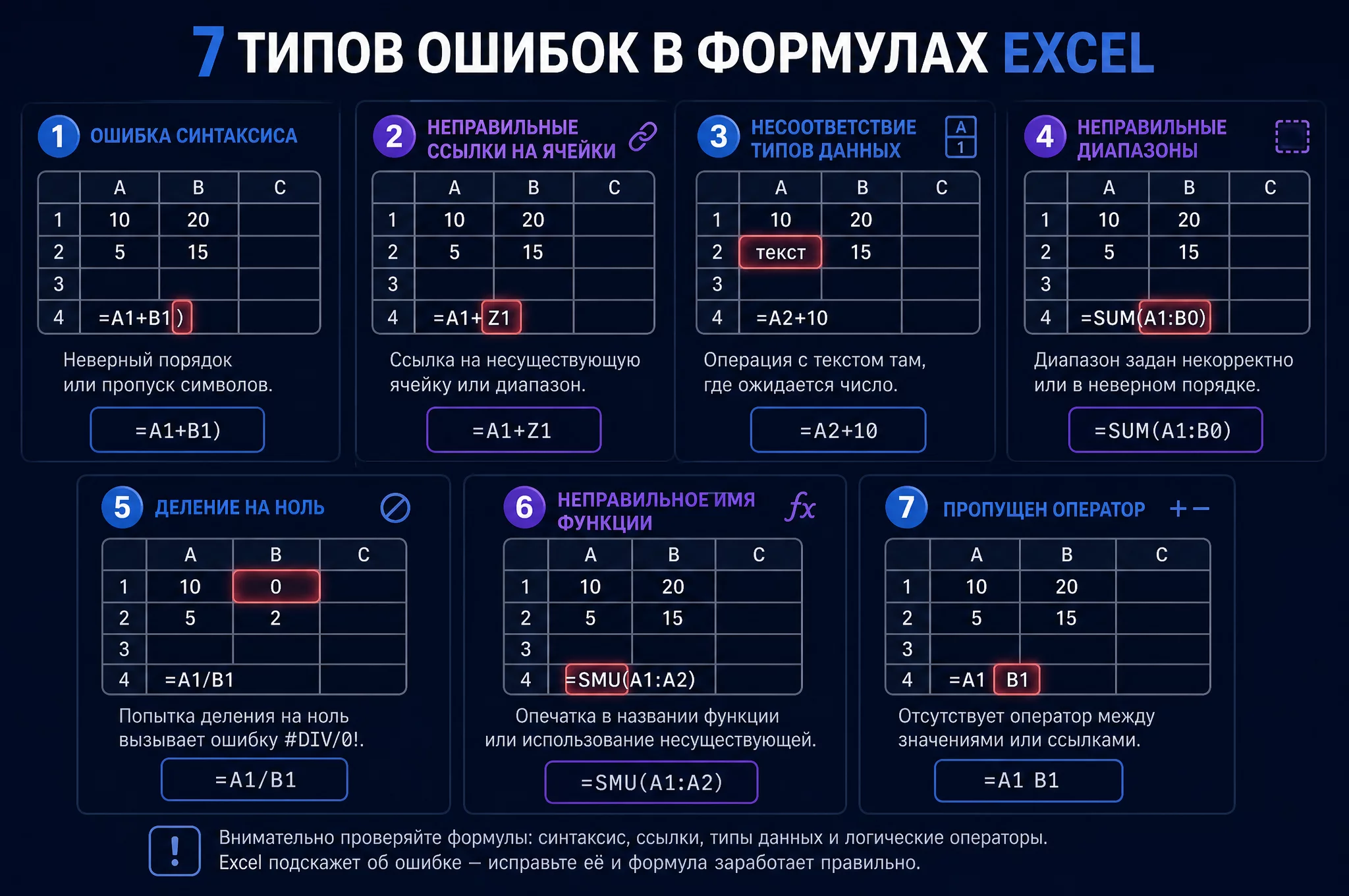 Схема семи типов ошибок в формулах Excel: каждый тип показан фрагментом сетки с подсветкой проблемного места