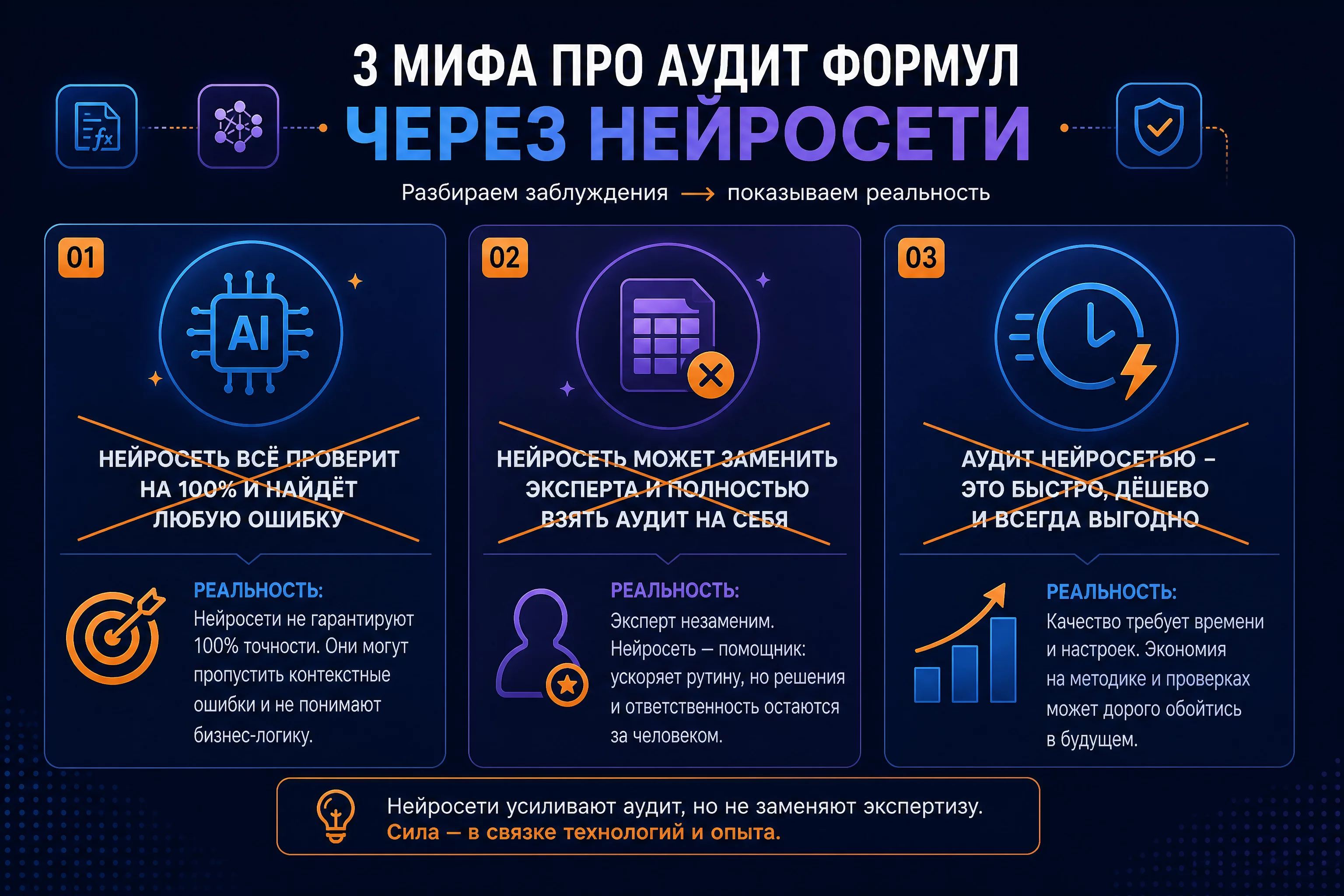 Схема-разбор трёх мифов про аудит формул через нейросети: самопроверка, сложные таблицы, сходящиеся итоги
