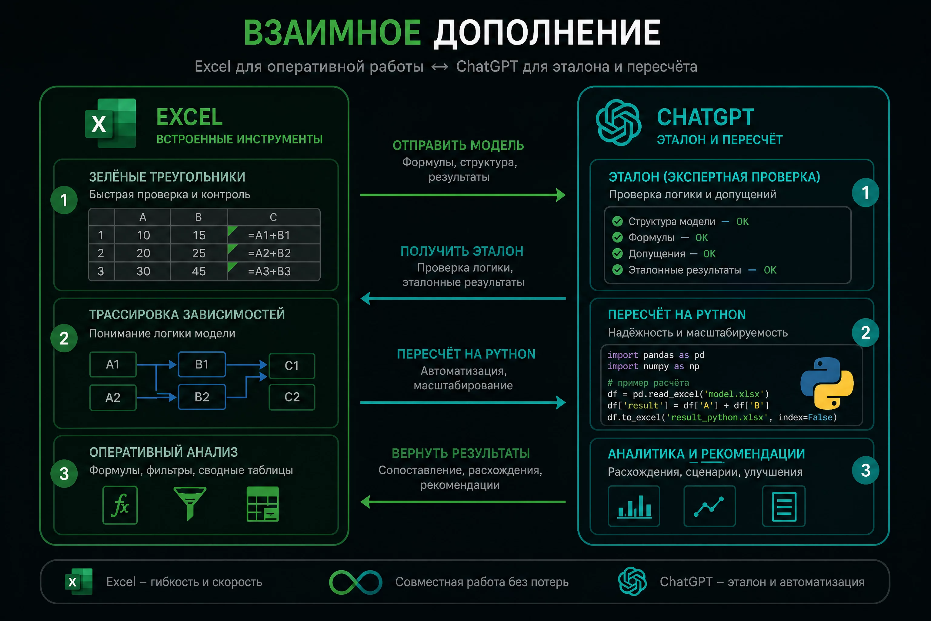 Схема: слева встроенные инструменты Excel с зелёными треугольниками и трассировкой, справа блок ChatGPT с эталоном и пересчётом на Python, между ними стрелки взаимного дополнения