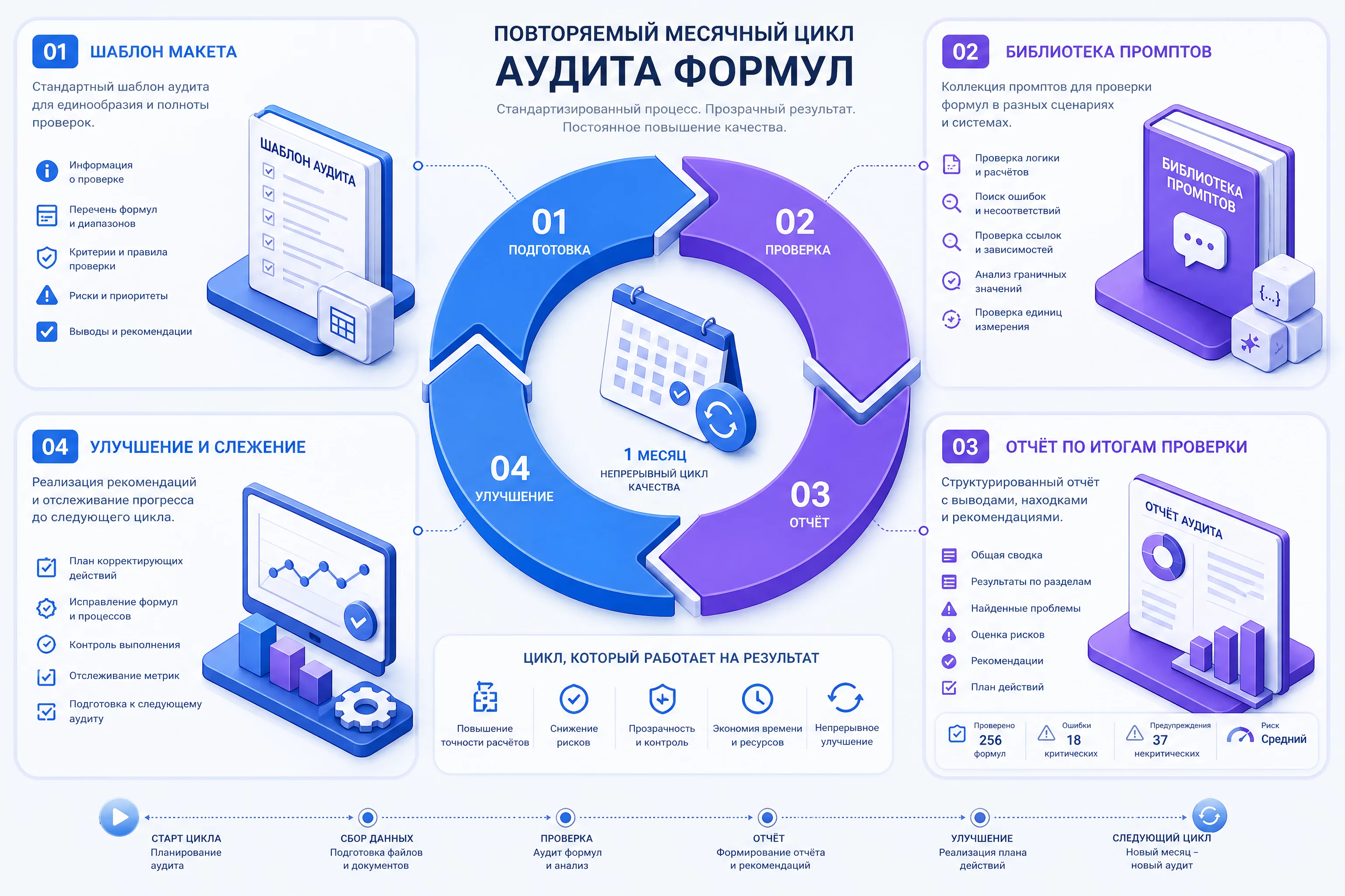 Инфографика повторяемого процесса аудита формул: шаблон макета, библиотека промптов, отчёт по итогам проверки, стрелки месячного цикла