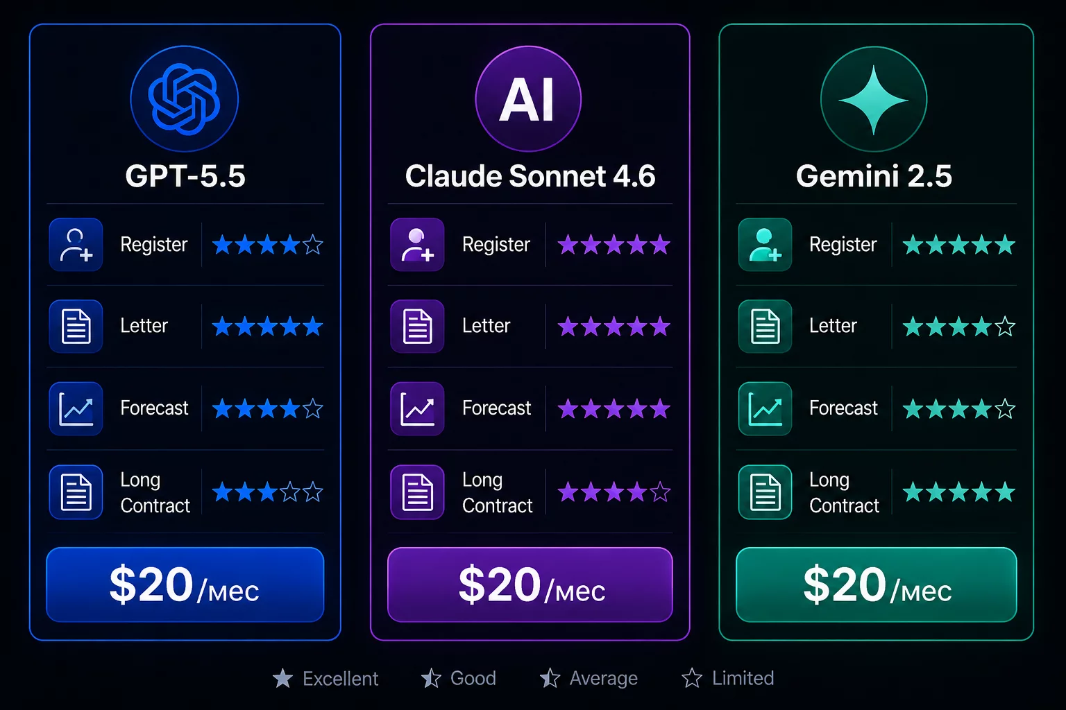 Инфографика сравнения GPT-5.5, Claude Sonnet 4.6 и Gemini 2.5 для управления дебиторской задолженностью: задачи, сильные стороны, цены