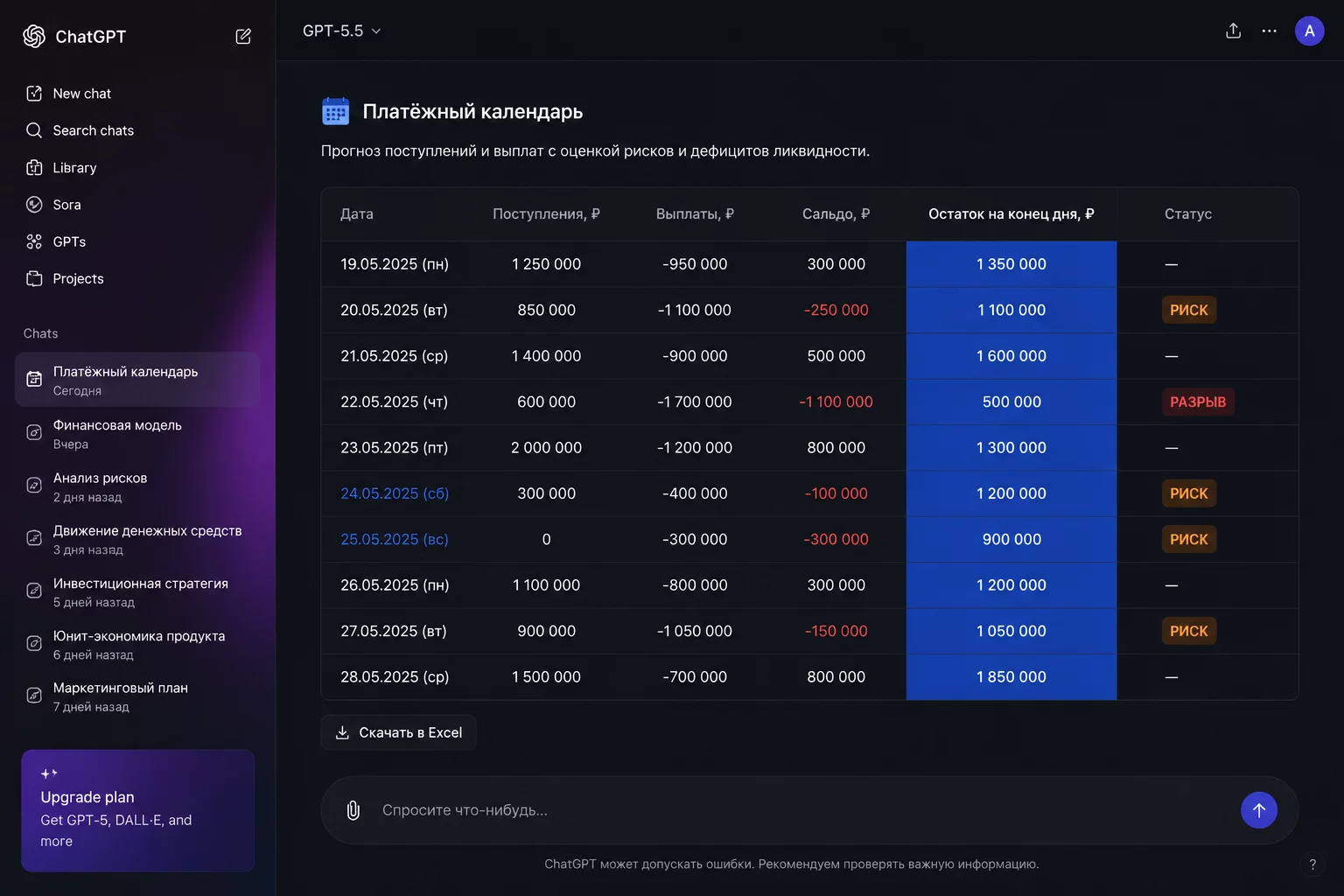 UI-композиция: реалистичный mockup интерфейса ChatGPT на тёмном фоне с открытым диалогом и таблицей платёжного календаря, синий #2563EB и фиолетовый #7C3AED акценты, без людей, 3:2