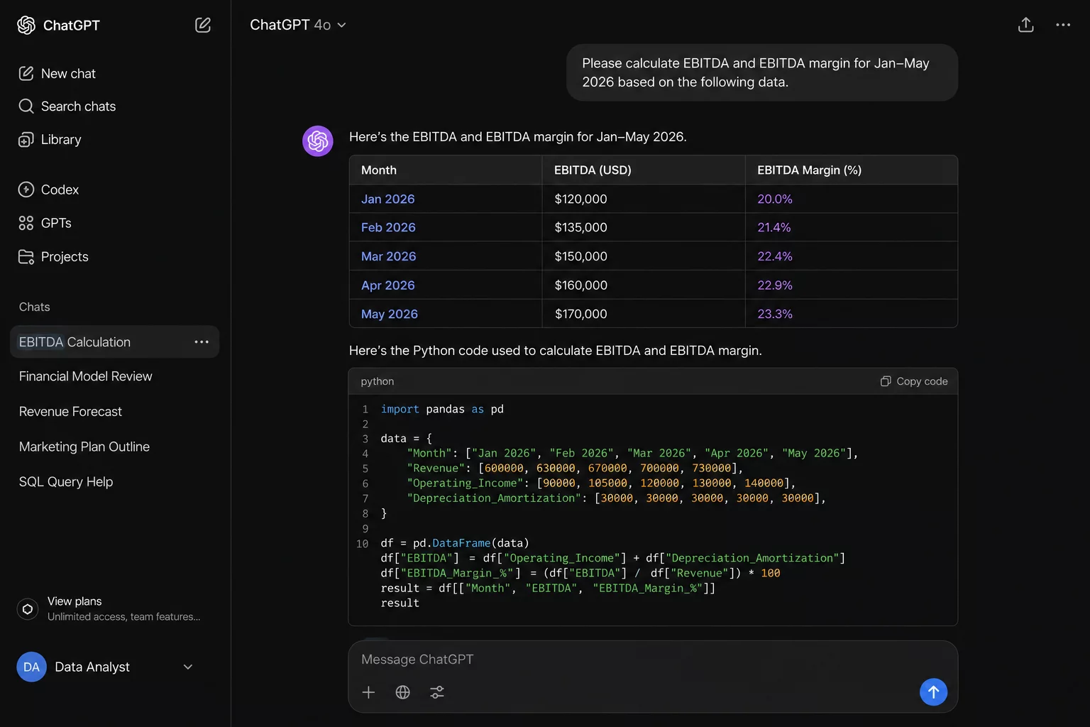 Пример диалога в ChatGPT: расчёт EBITDA с таблицей и Python-кодом