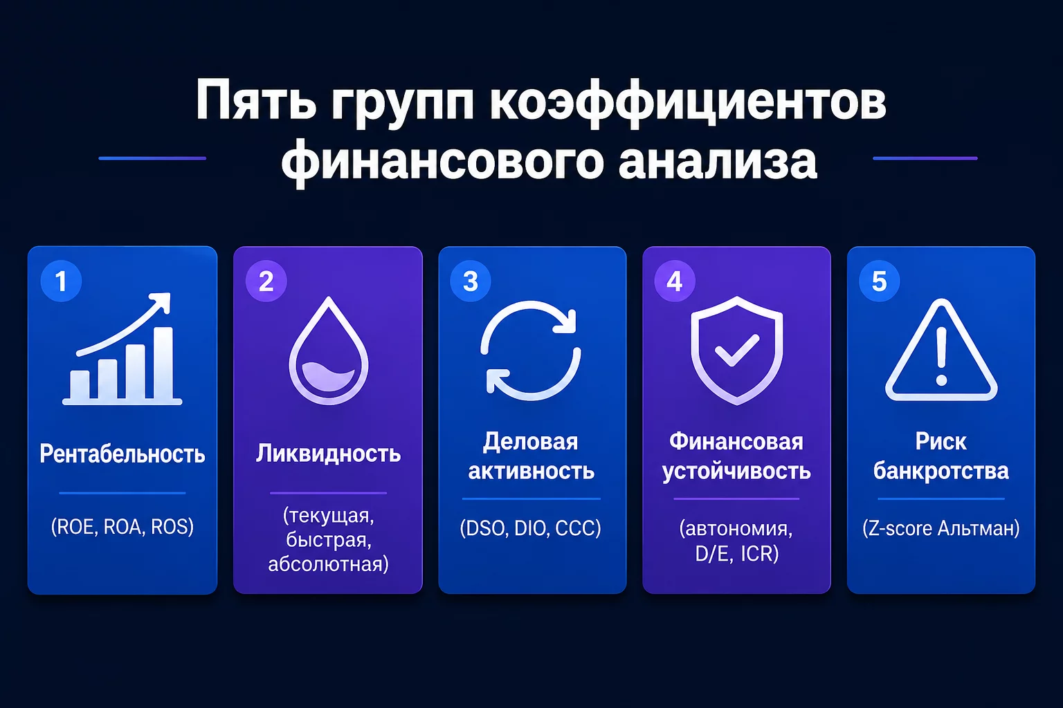 Схема пяти групп коэффициентов финансового анализа: рентабельность, ликвидность, деловая активность, финансовая устойчивость, риск банкротства с примерами показателей