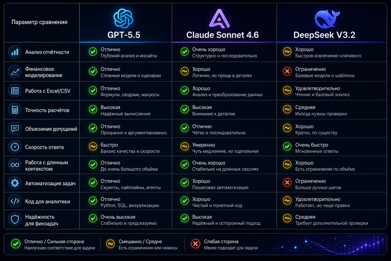Сравнительная таблица reasoning-возможностей GPT-5.5, Claude Sonnet 4.6 и DeepSeek V3.2 для финансиста