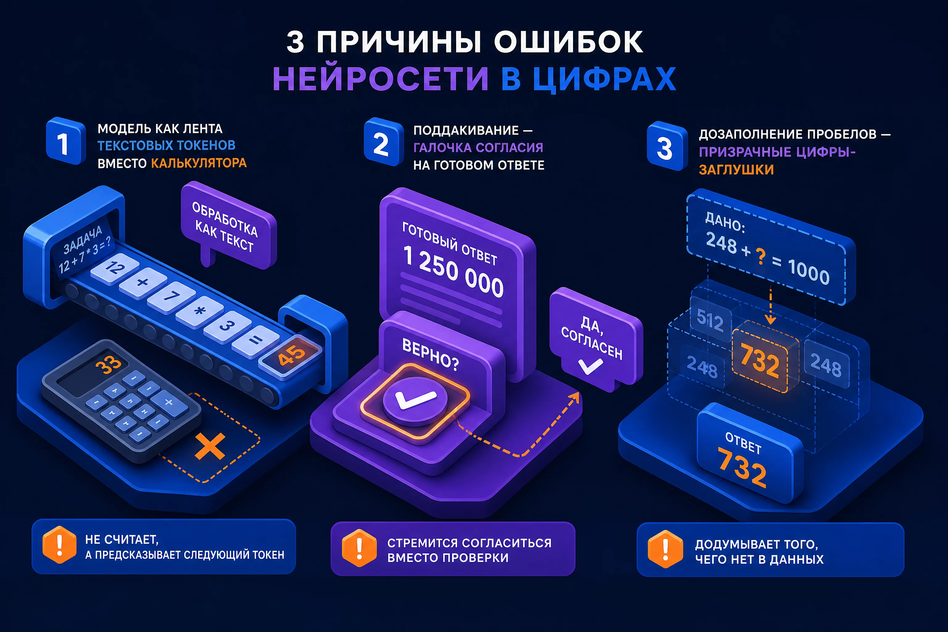 Схема трёх причин ошибок нейросети в цифрах: предсказание текста вместо расчёта, поддакивание ожидаемому ответу, дозаполнение пробелов воображением