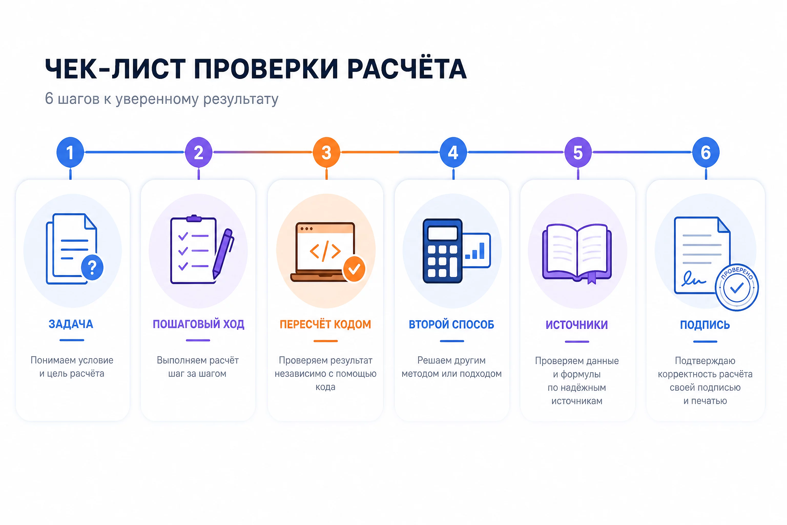 Чек-лист проверки расчёта нейросети из шести шагов: задача, пошаговый ход, пересчёт кодом, второй способ, источники, подпись