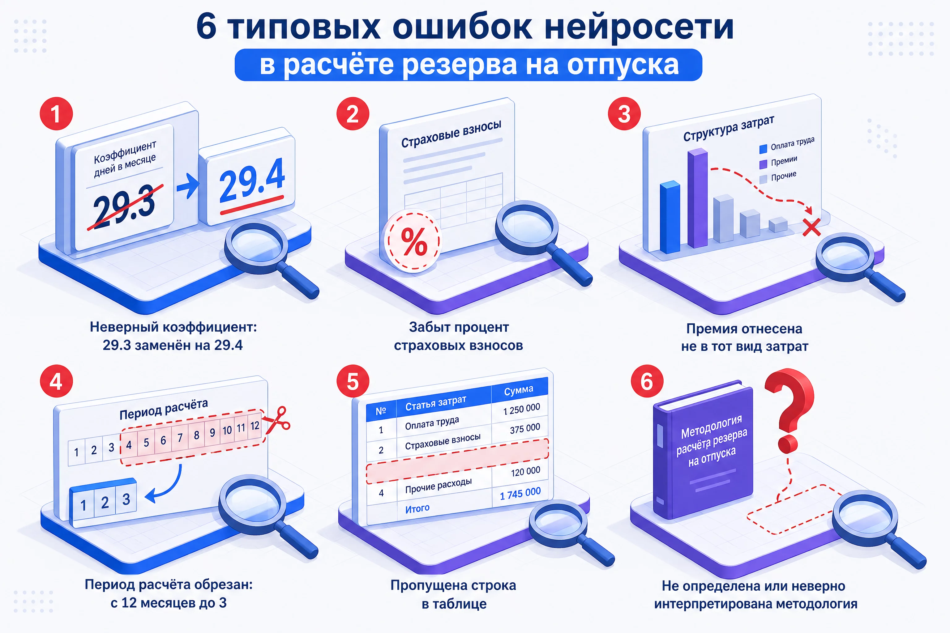 Инфографика шести типовых ошибок нейросети в расчёте резерва на отпуска: коэффициент 29.3, забытые взносы, премии, неполный период, пропущенные строки, чужая методология