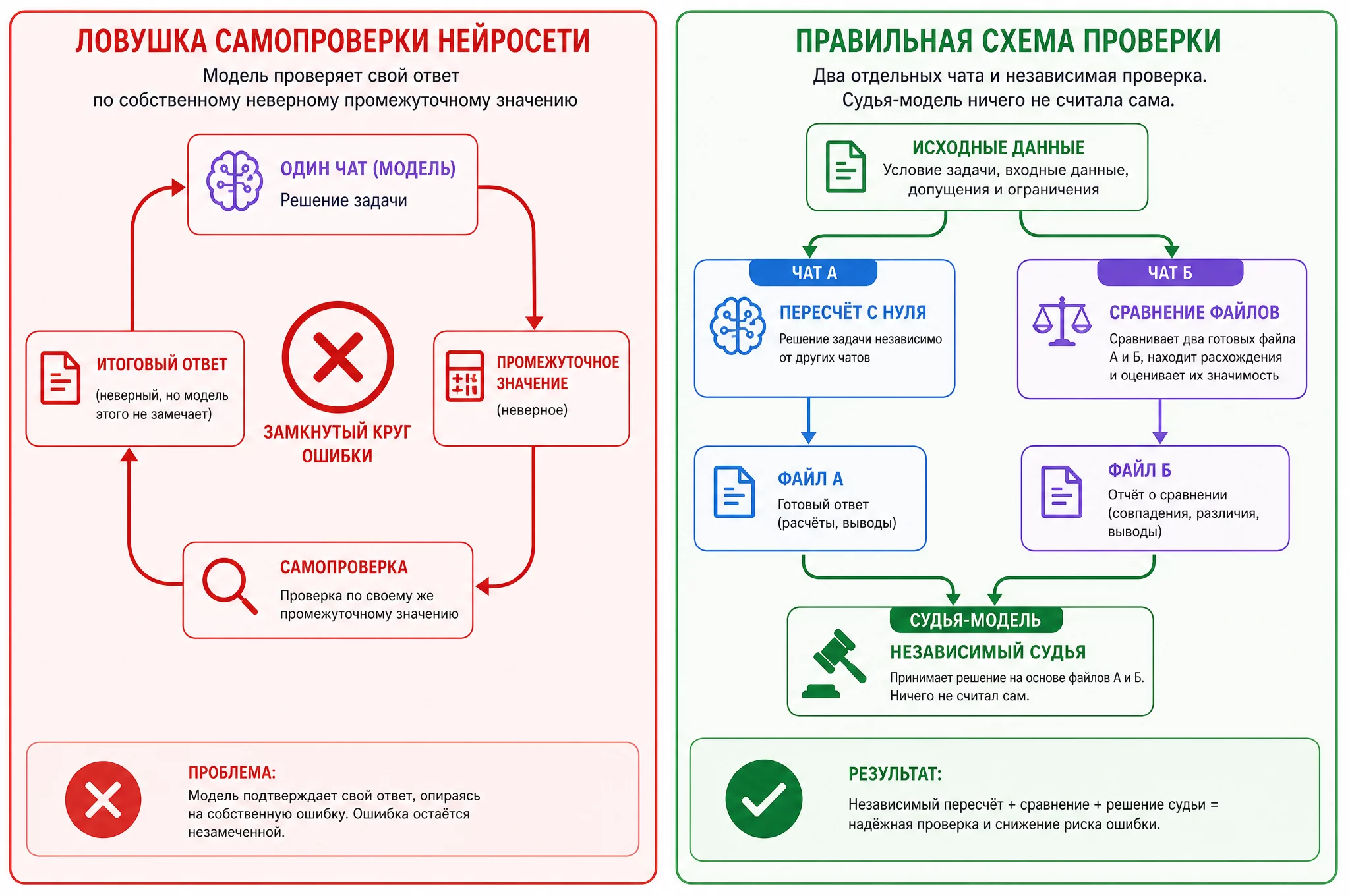 Схема ловушки самопроверки: модель сверяет ответ со своим промежуточным значением вместо исходных данных, справа правильная схема с независимым пересчётом в отдельном чате