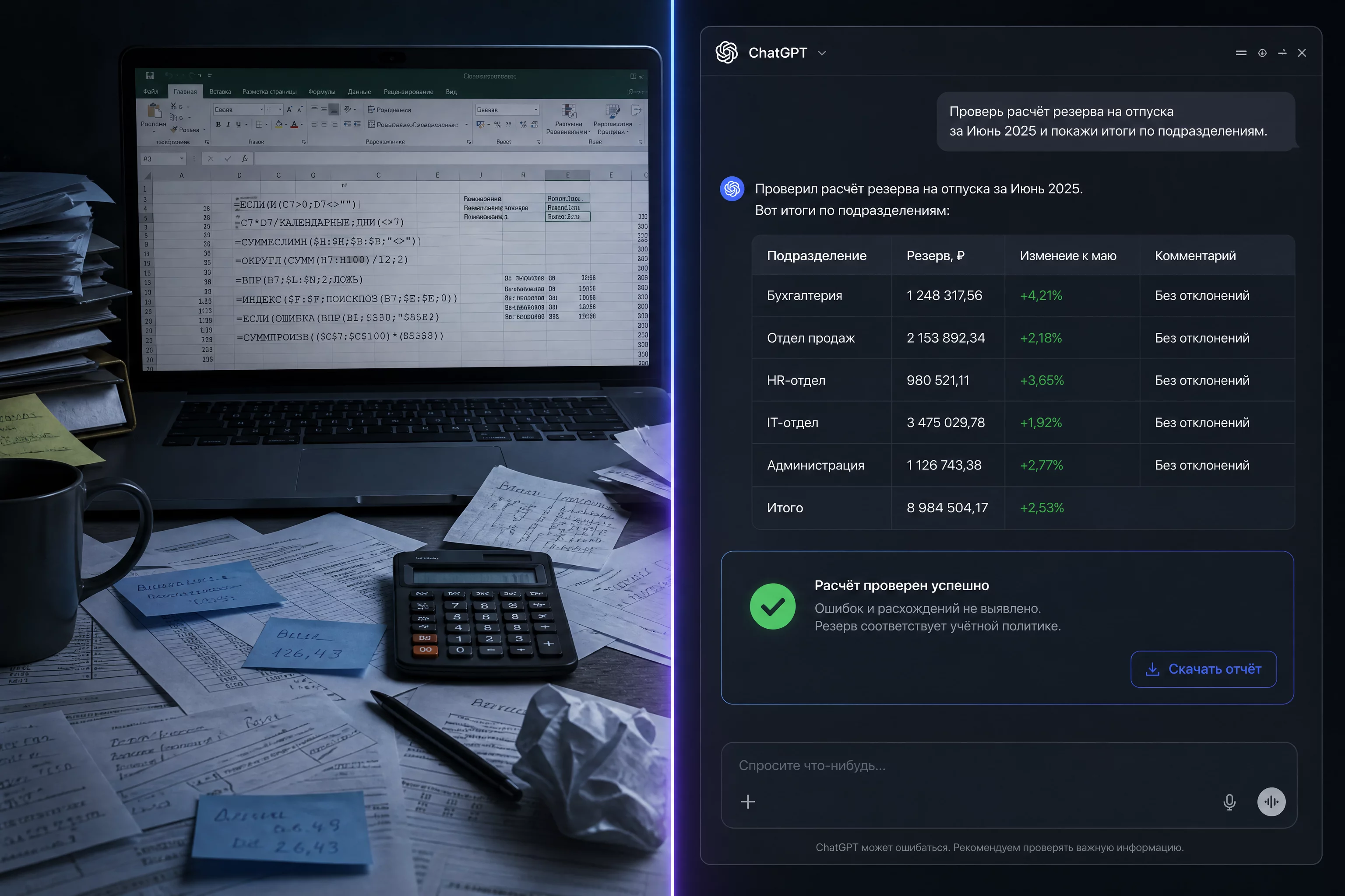 Split-screen до и после без людей: слева усталая ручная работа с таблицей Excel, стопки бумаг и перепутанные формулы, справа чистый тёмный интерфейс ChatGPT с открытым диалогом проверки резерва на отпуска и зелёной галочкой, синий #2563EB и фиолетовый #7C3AED акценты бренда, современный продуктовый рендер