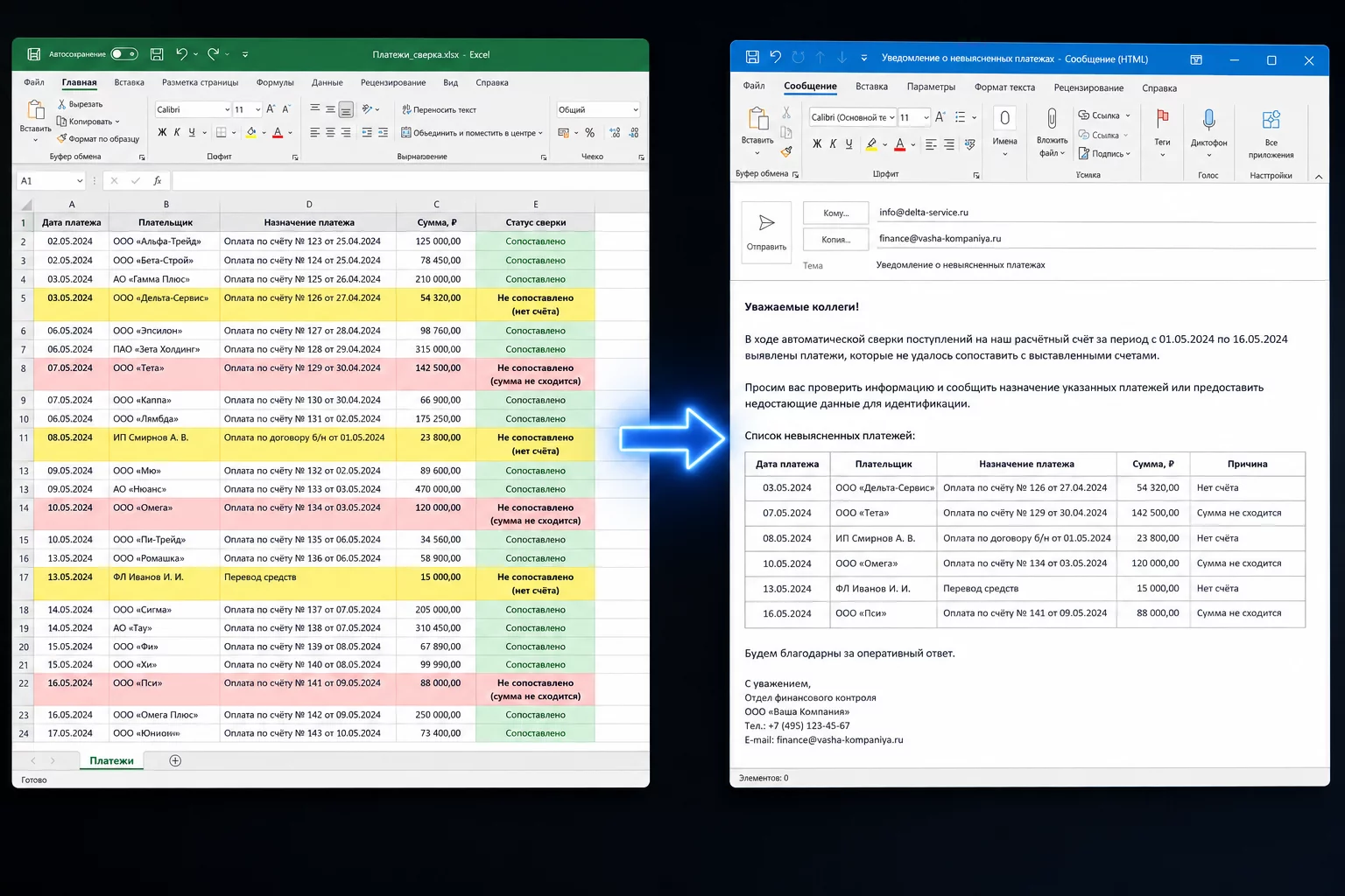 Excel: таблица с реестром должников, кнопка рассылки, открытый Outlook с черновиками писем по каждому контрагенту