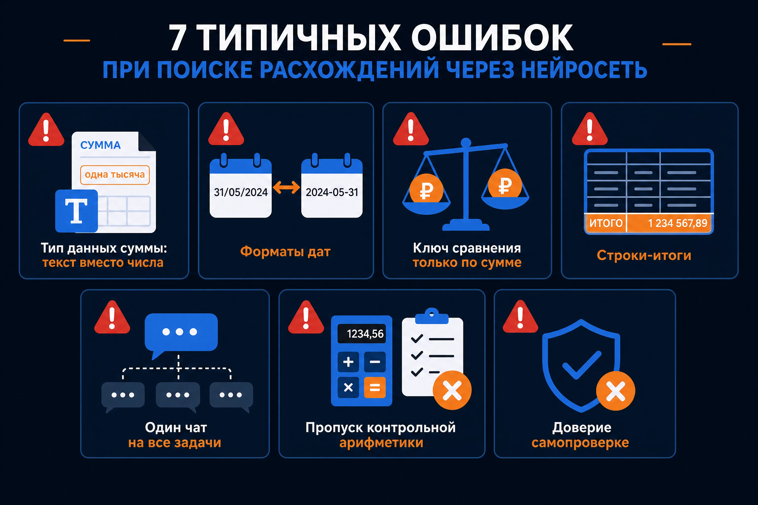 Инфографика семи типичных ошибок при поиске расхождений через нейросеть: тип данных суммы, форматы дат, ключ сравнения, строки-итоги, один чат на всё, пропуск контрольной арифметики, доверие самопроверке