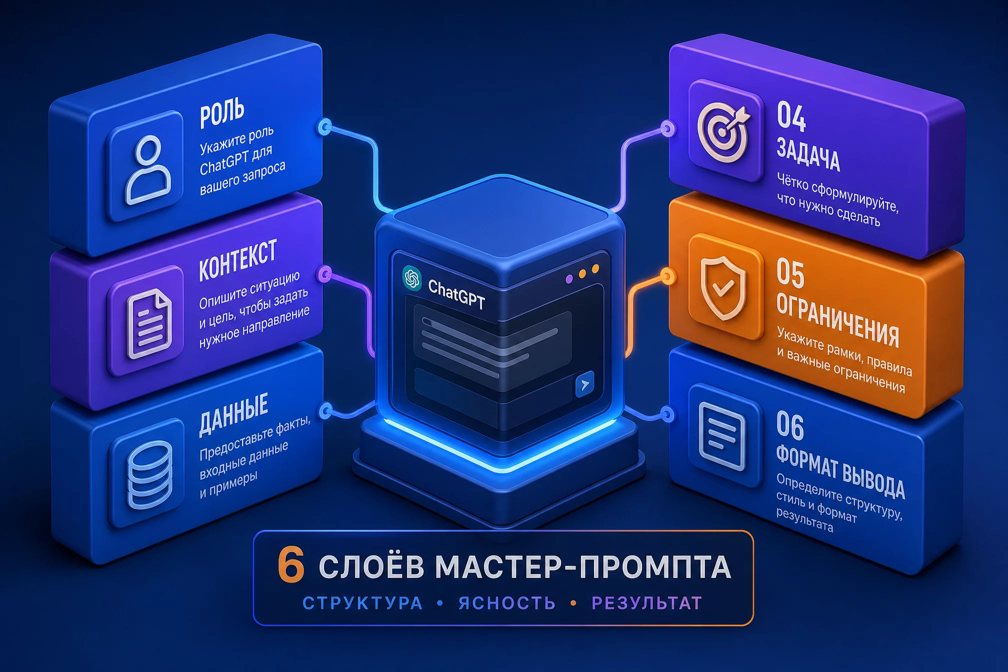 Инфографика: шесть блоков мастер-промпта для разработки торговой стратегии в ChatGPT