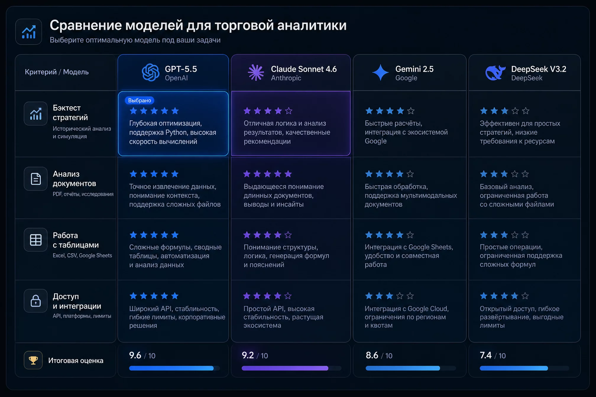 Сравнительная таблица моделей для торговой аналитики: GPT-5.5, Claude Sonnet 4.6, Gemini 2.5, DeepSeek V3.2