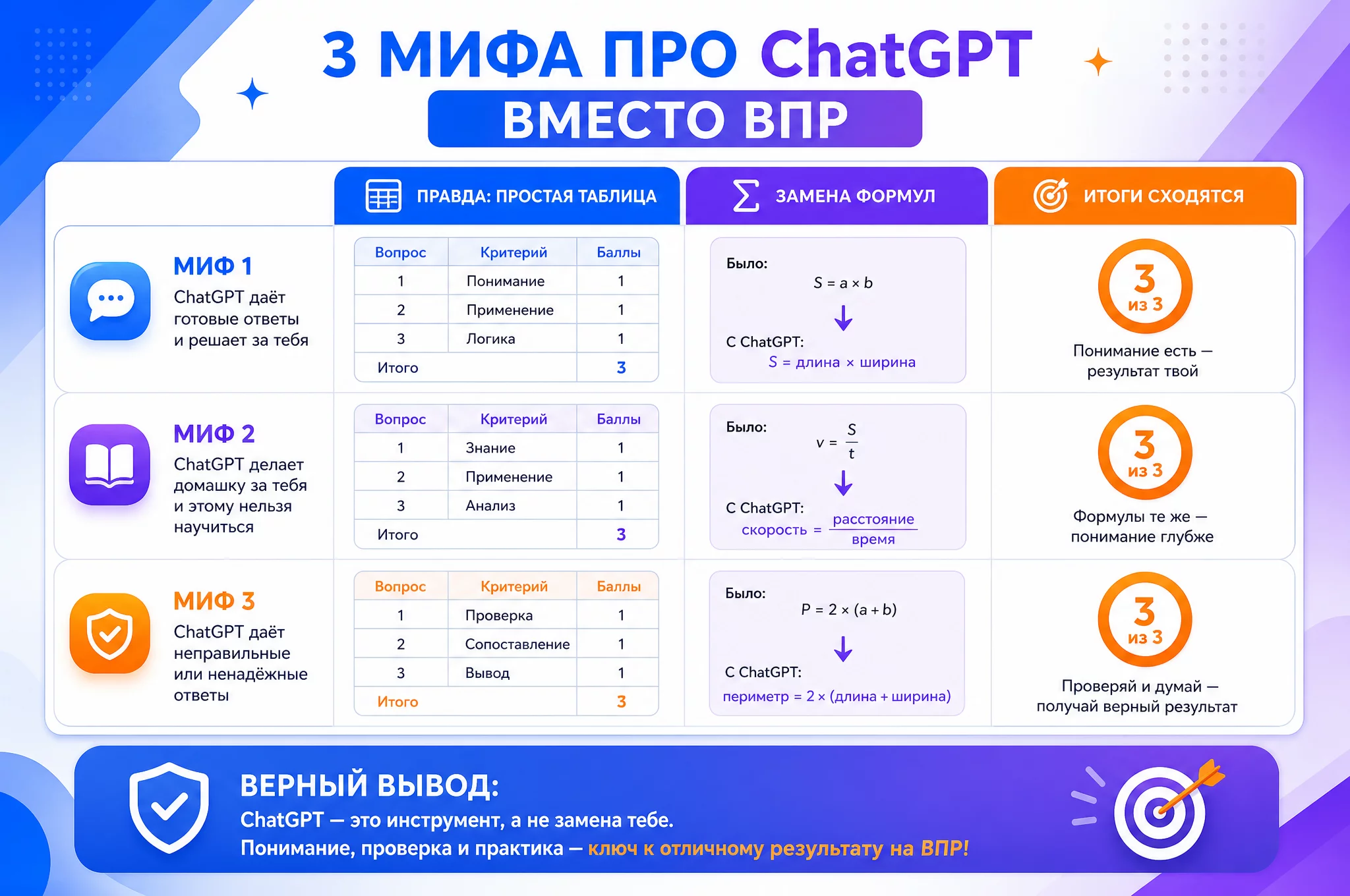 Схема-разбор трёх мифов про ChatGPT вместо ВПР: простая таблица, замена формул, сходящиеся итоги