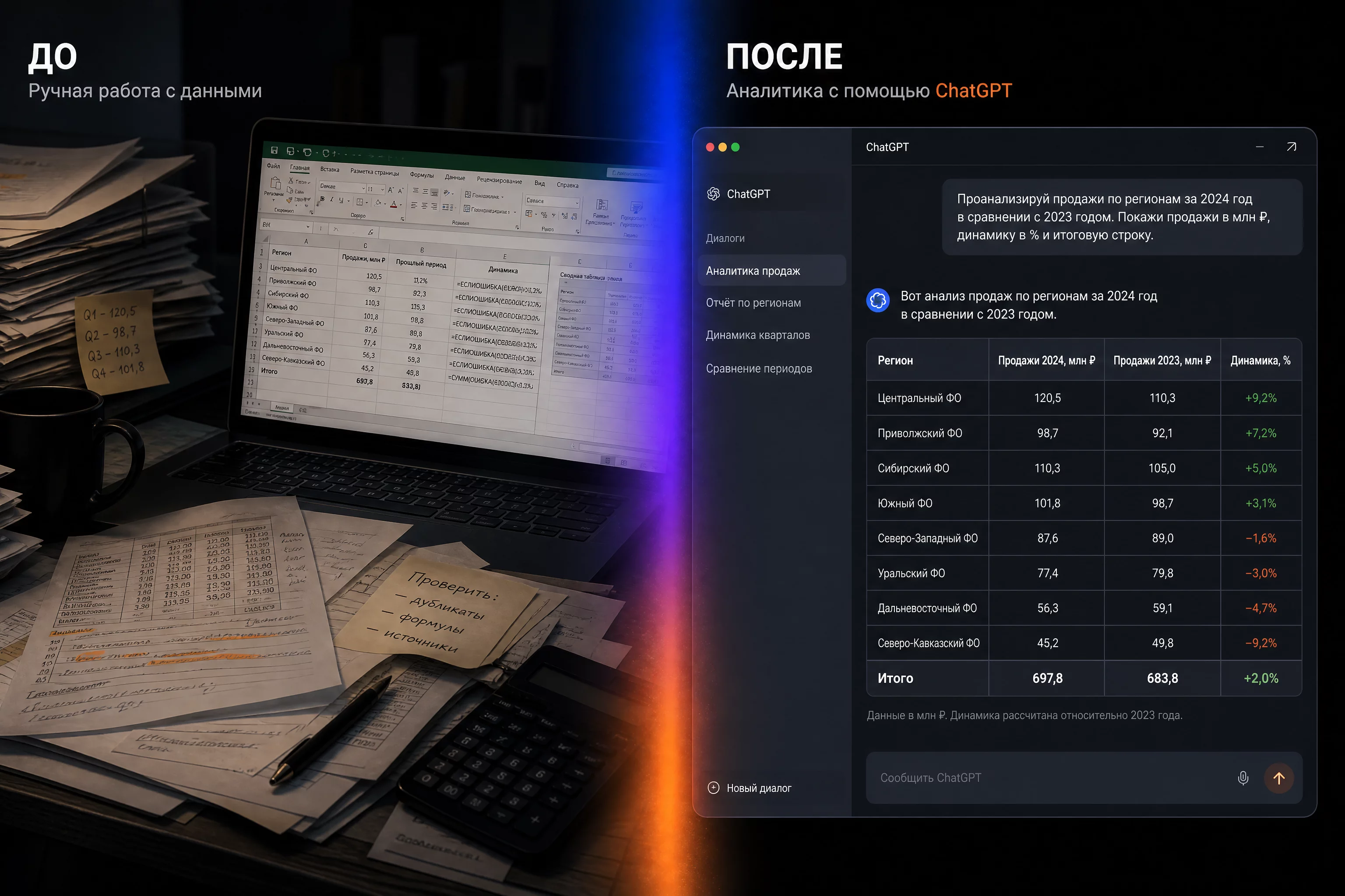 Сплит-скрин «до и после» без людей: слева ручная работа в Excel со сводными, длинными формулами и стопкой бумаг, справа чистый тёмный интерфейс ChatGPT с открытым диалогом, вопросом на русском языке и готовой таблицей ответа, между половинами вертикальный градиент, палитра бренда синий #2563EB, фиолетовый #7C3AED, оранжевые акценты, современный продуктовый рендер, без Москва-Сити