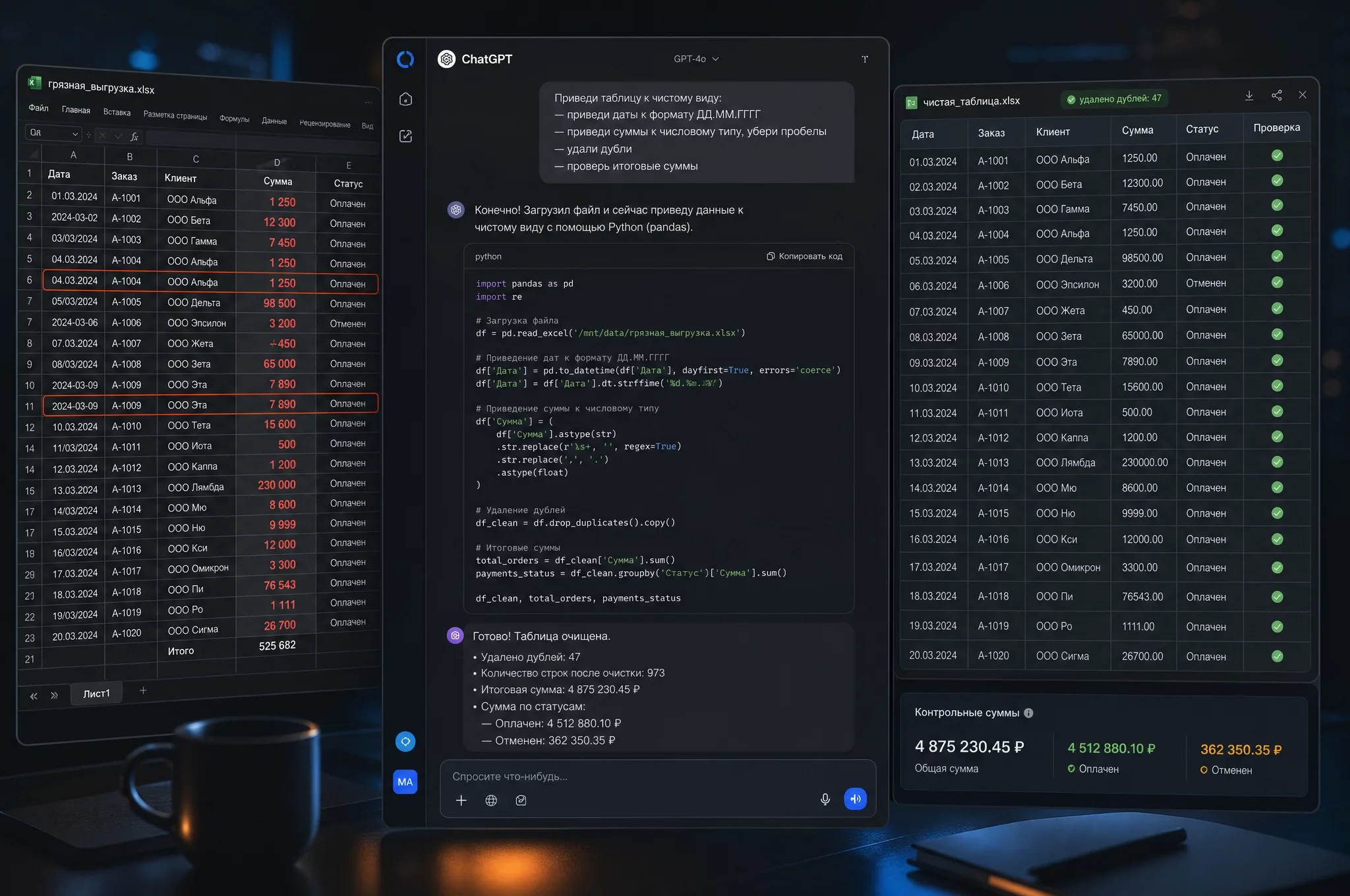 UI-композиция без людей на тёмном фоне: реалистичный mockup рабочего стола ChatGPT, слева грязная выгрузка в Excel с красными подсветками дублей, кривых дат и текстовых сумм, в центре диалог ChatGPT с промптом чистки и Python-кодом на pandas, справа чистая нормализованная таблица с зелёными галочками и бейджем «удалено дублей: 47», палитра бренда синий #2563EB, фиолетовый #7C3AED, оранжевые акценты, современный продуктовый рендер 3:2, без стокового офиса и Москва-Сити