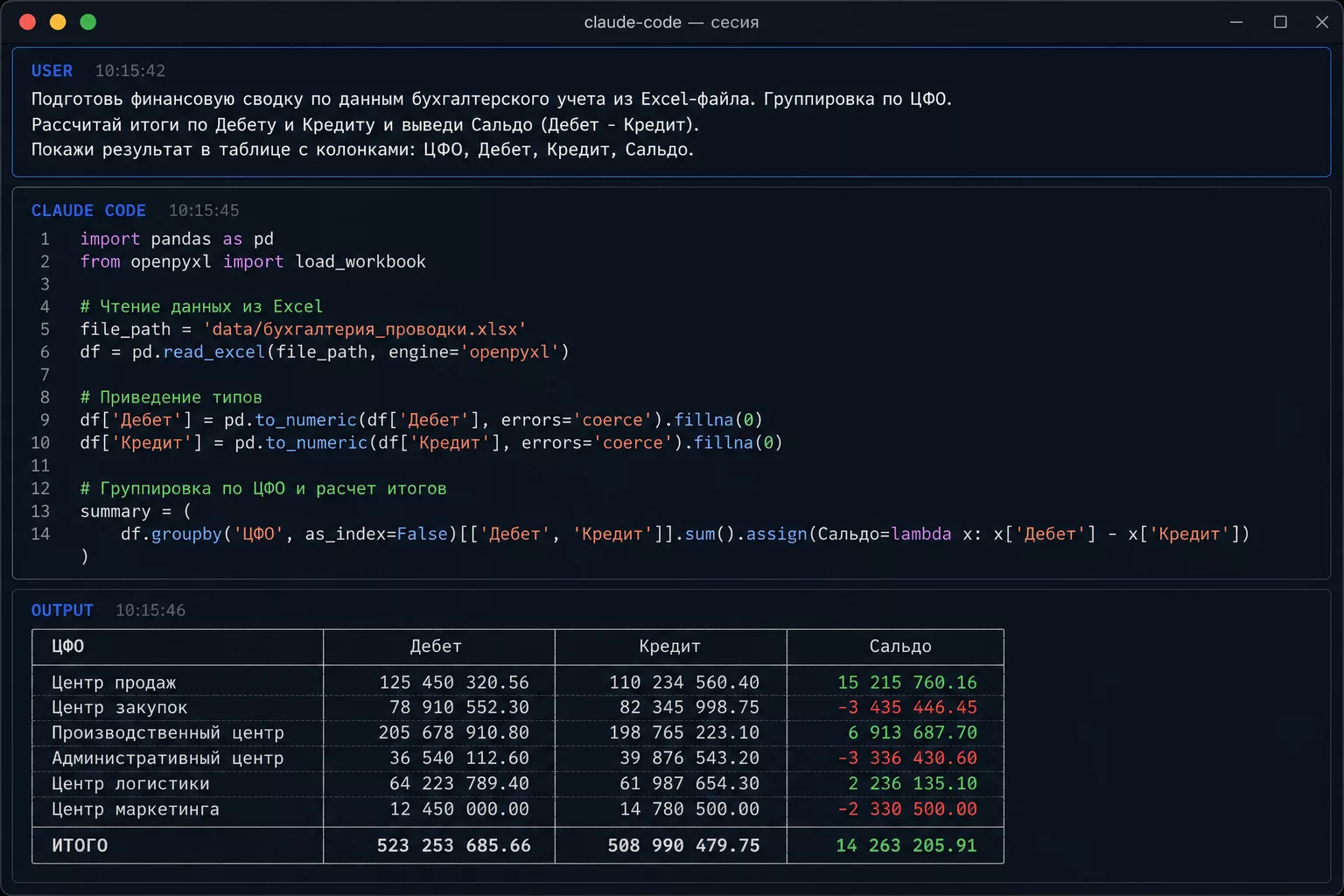 Терминал Claude Code: Python-скрипт читает финансовую выгрузку, строки кода и итоговые данные на тёмном фоне