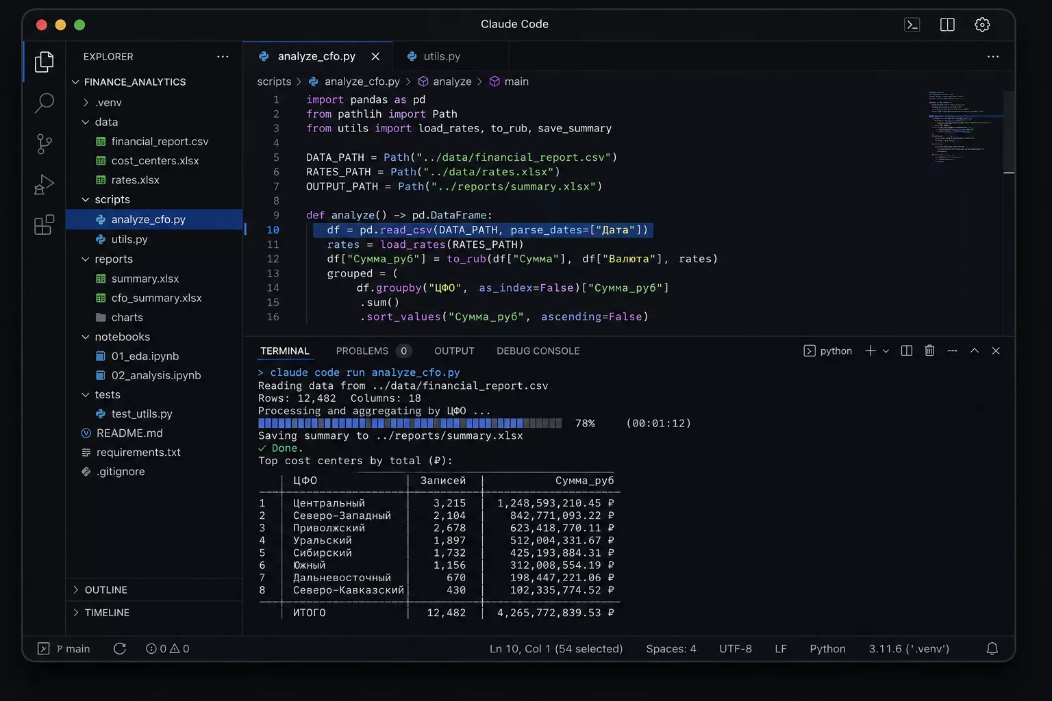 Тёмный терминал Claude Code с Python-кодом финансового анализа: строки данных, план-факт, автосверка таблиц