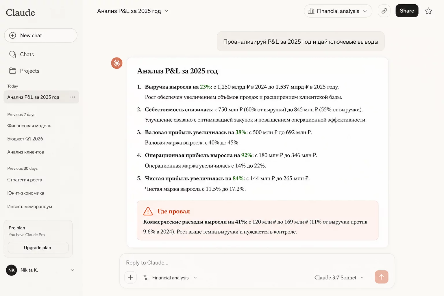 Интерфейс claude.ai с выбранной моделью Sonnet 4.6 и открытым Artifacts с таблицей финансовой модели