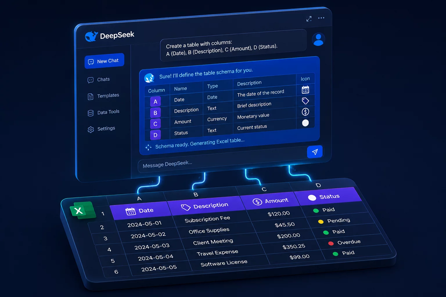 Диалог в DeepSeek: проектирование структуры таблицы Excel для учёта расходов по ЦФО с перечнем колонок, типов данных и формул итогов