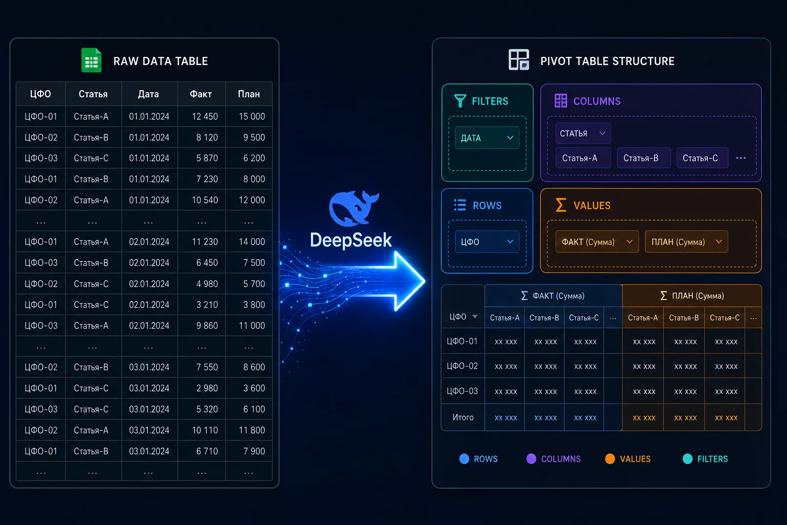 DeepSeek проектирует структуру сводной таблицы Excel: схема полей — строки, столбцы, значения, фильтры, вычисляемое поле для план-факта