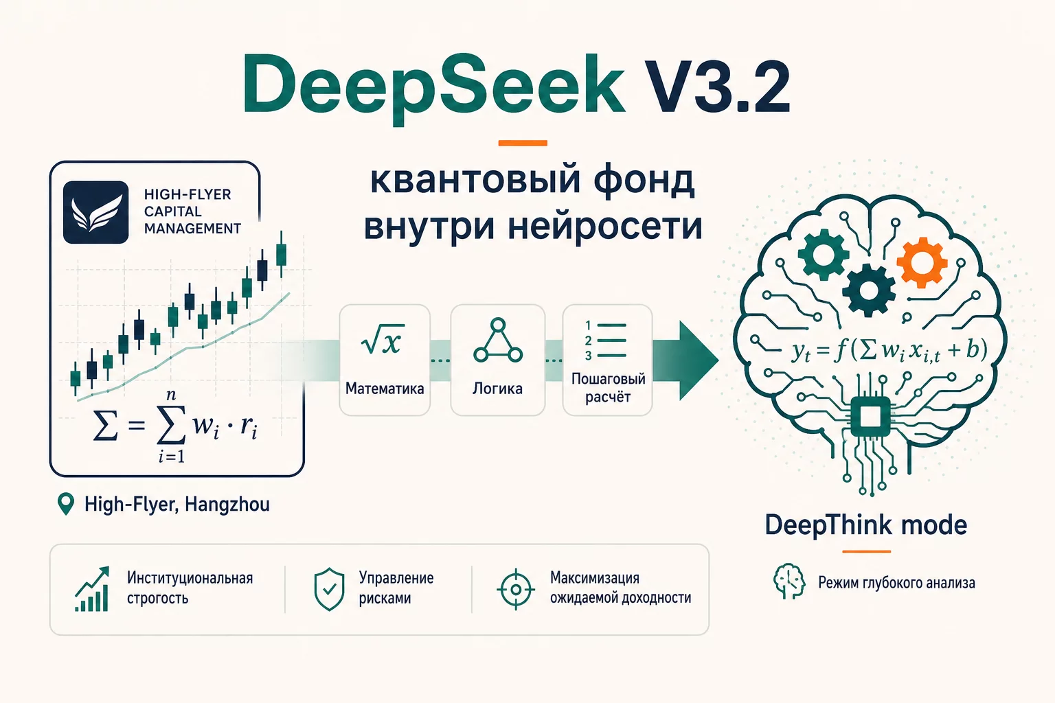 Инфографика: DeepSeek V3.2 от команды из Ханчжоу, заточен под математику и логику, режим размышления DeepThink