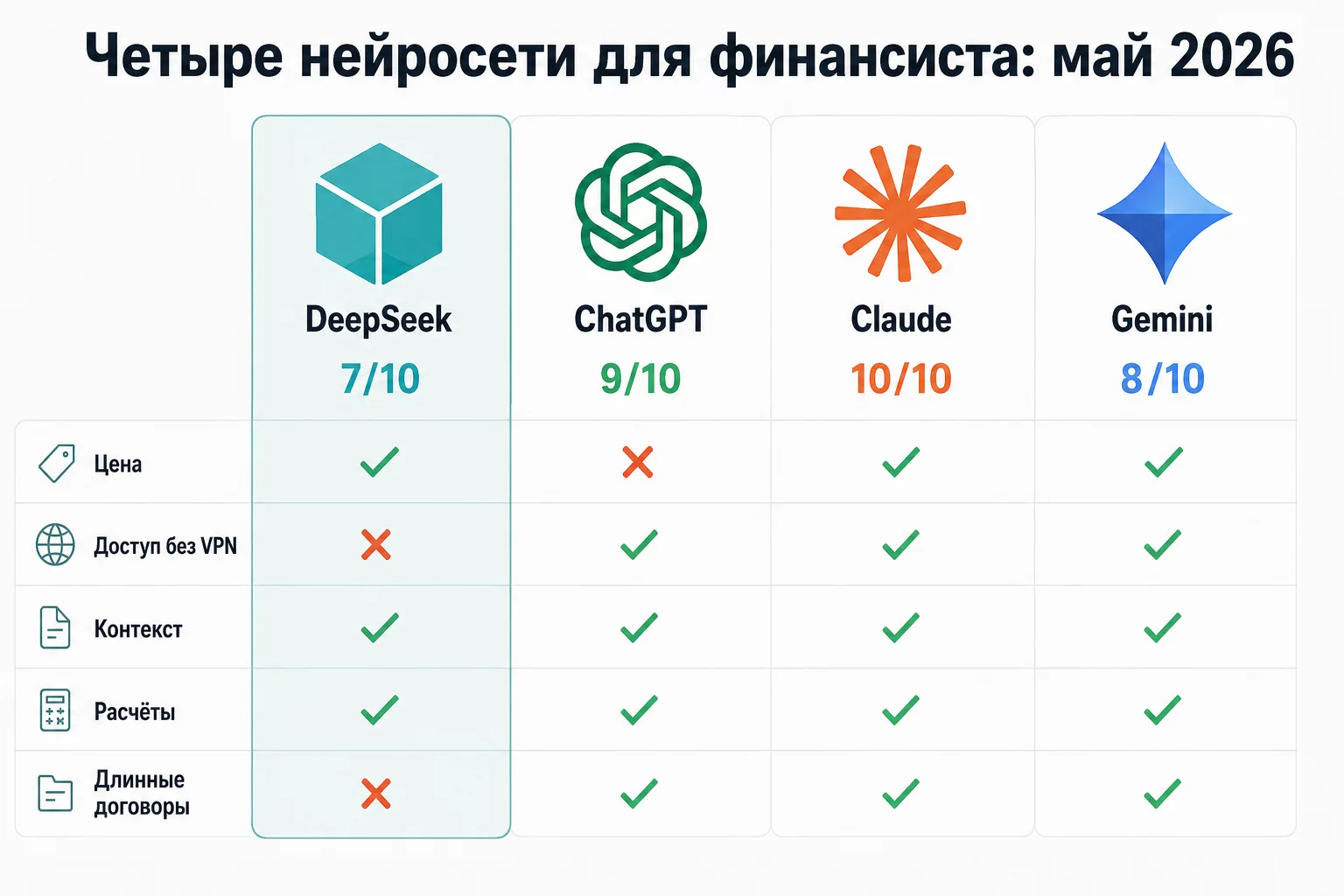 Сравнение нейросетей для финансиста: DeepSeek, ChatGPT, Claude, Gemini по цене, доступу и сильным сторонам