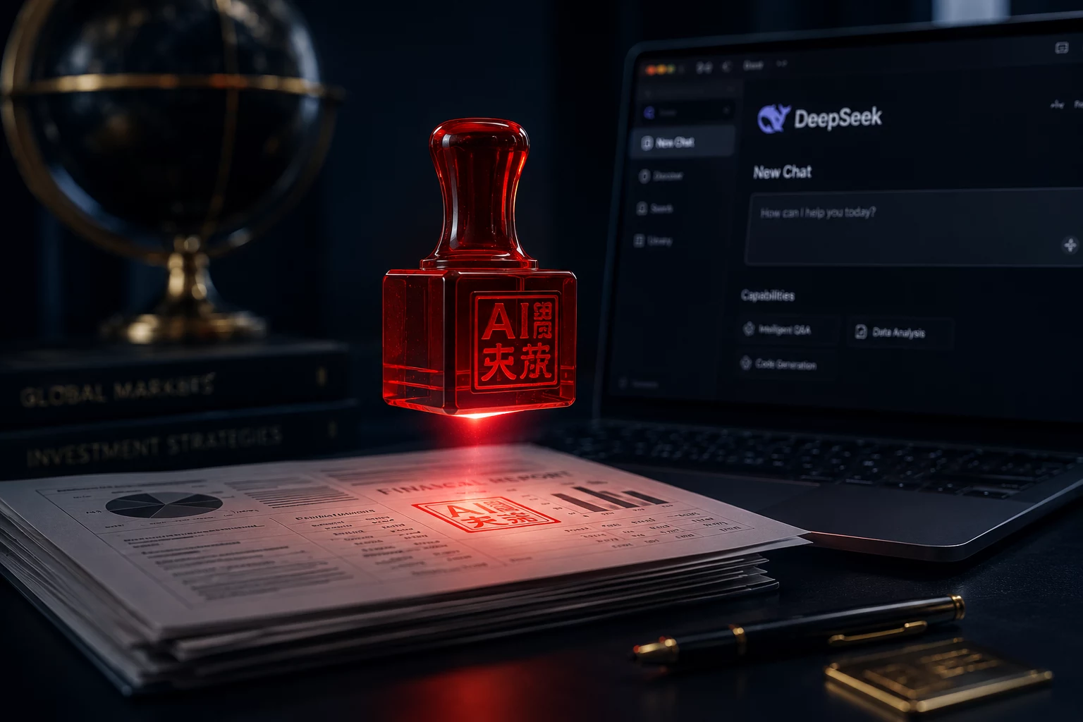Финансист работает с DeepSeek V3.2 на ноутбуке без VPN, рядом таблица из 1С, режим размышления показывает ход расчёта