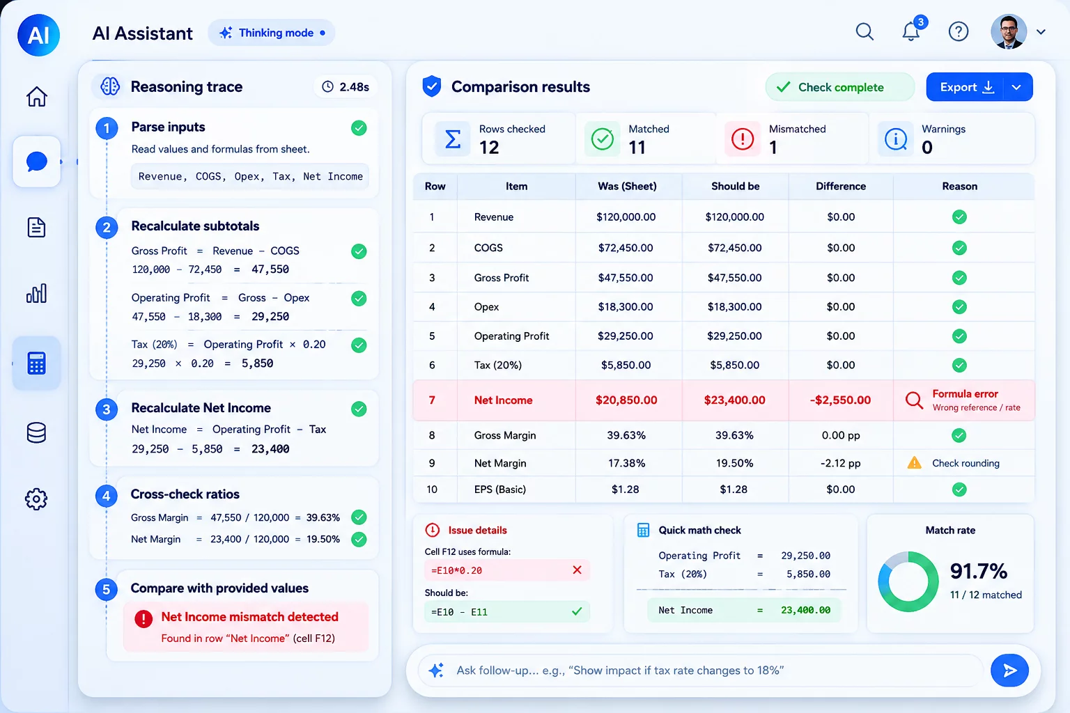 Скриншот DeepSeek: проверка расчёта в режиме размышления, найдена ошибка в формуле и показан верный результат