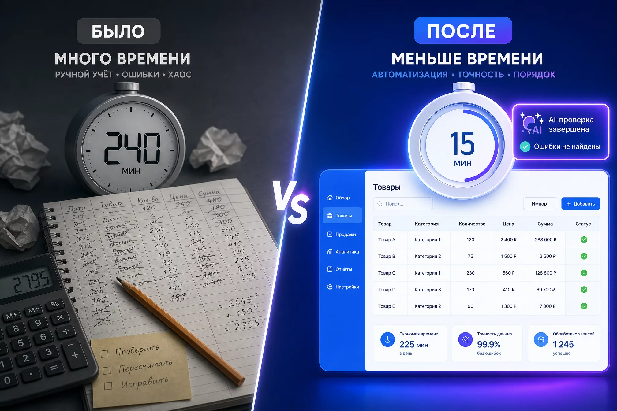Сравнение времени: ручной план-факт анализ 40 минут против 9 минут с Claude for Excel на 40 строках бюджета