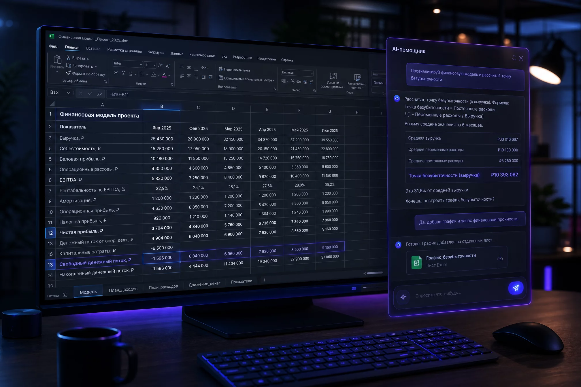 UI-мокап тёмного рабочего стола с открытой таблицей Excel и боковой панелью AI-чата с формулами и финансовыми данными, современный продуктовый рендер без людей, синие и фиолетовые брендовые акценты