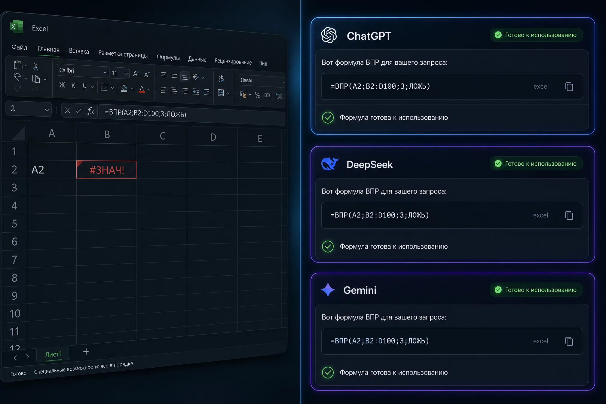 Тёмный экран с окном Excel слева и открытым диалогом нейросети справа: формула с ВПР и СУММЕСЛИМН собирается по подсказке ИИ