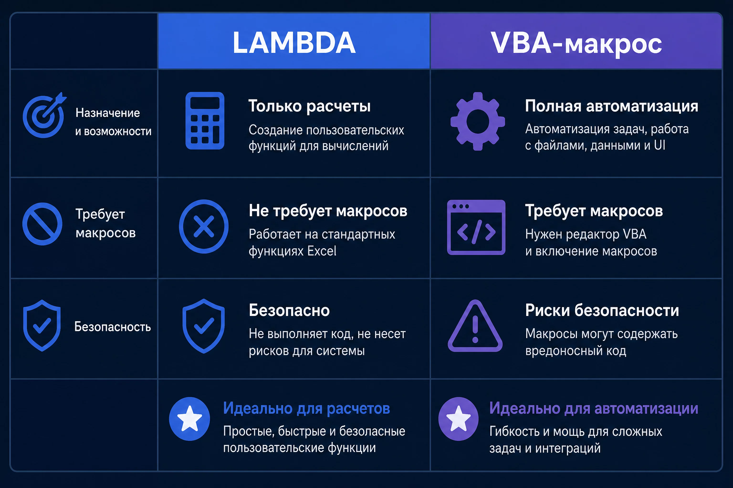 Сравнительная таблица LAMBDA и VBA-макросов в Excel для финансовых задач: возможности, безопасность, порог входа